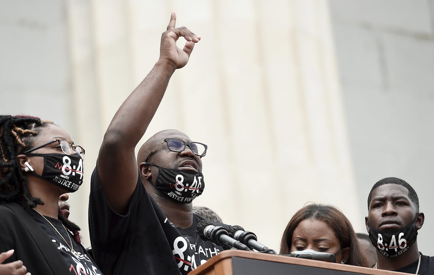 Philonise Floyd, brother of George Floyd, speaks during the March on Washington, Friday Aug. 28, 2020, in Washington, on the 57th anniversary of the Rev. Martin Luther King Jr.'s "I Have A Dream" speech. (Olivier Douliery/Pool via AP)