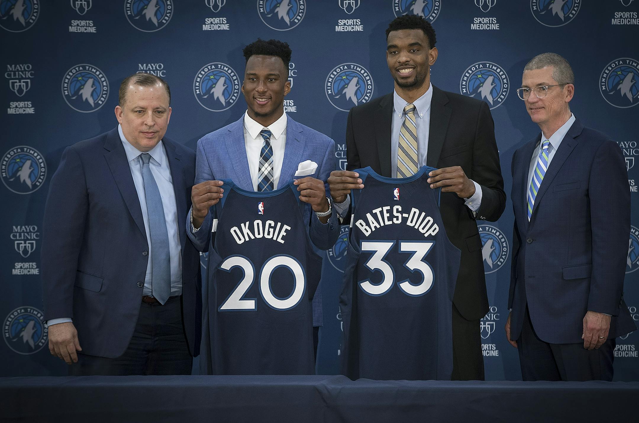 The Minnesota Timberwolves including Head Coach Tom Thibodeau, left, and General Manager Scott Layden, introduced the 2018 Draft Picks Josh Okogie (20th overall), left, and Keita Bates-Diop (48th overall) to the media during a press conference, Tuesday, June 26, 2018 at the Mayo Clinic Square in Minneapolis, MN.