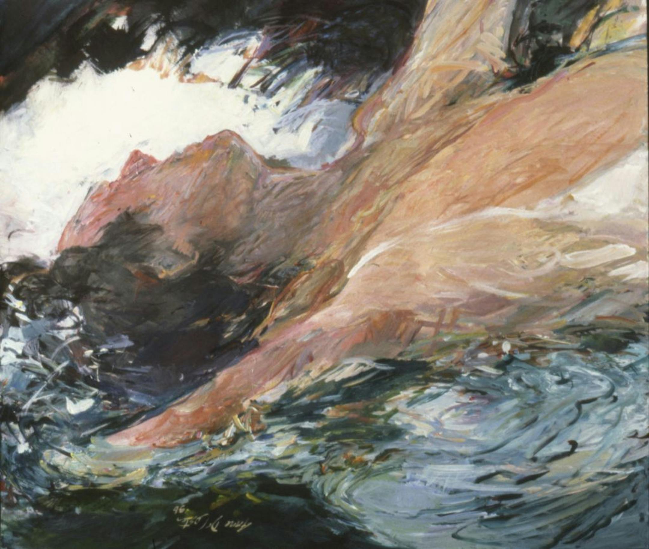 Breaking from the lush and lyrical landscapes for which she is best known, Anne DeCoster offers a dynamic image of a thrashing swimmer who seems to be struggling against many currents. It's on view at Nash Gallery.