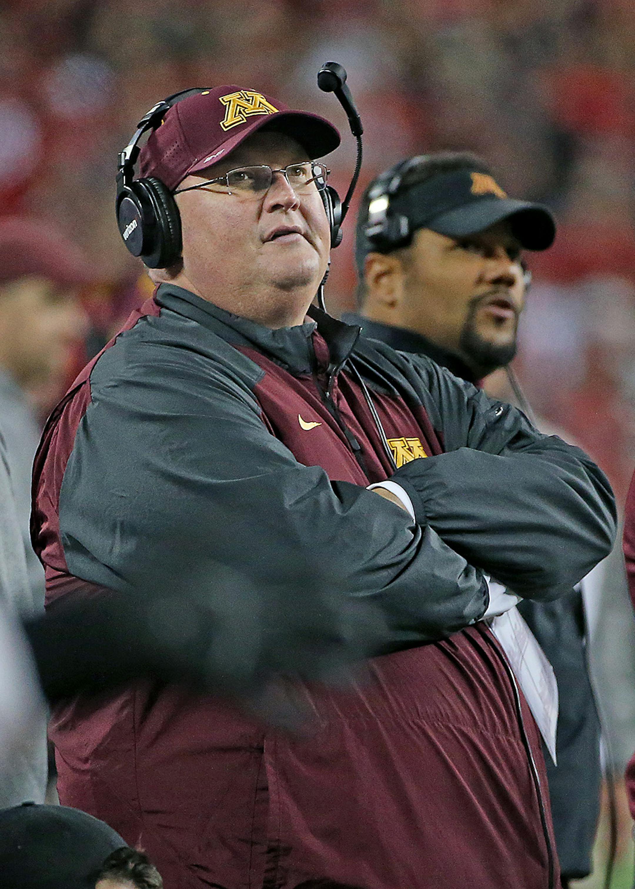 Interim Head Coach Tracy Claeys in the third quarter as the Minnesota Gophers took on the Ohio State Buckeyes at Ohio Stadium, Saturday, November 7, 2015 in Columbus, OH. ] (ELIZABETH FLORES/STAR TRIBUNE) ELIZABETH FLORES • eflores@startribune.com ORG XMIT: MIN1511072329020610