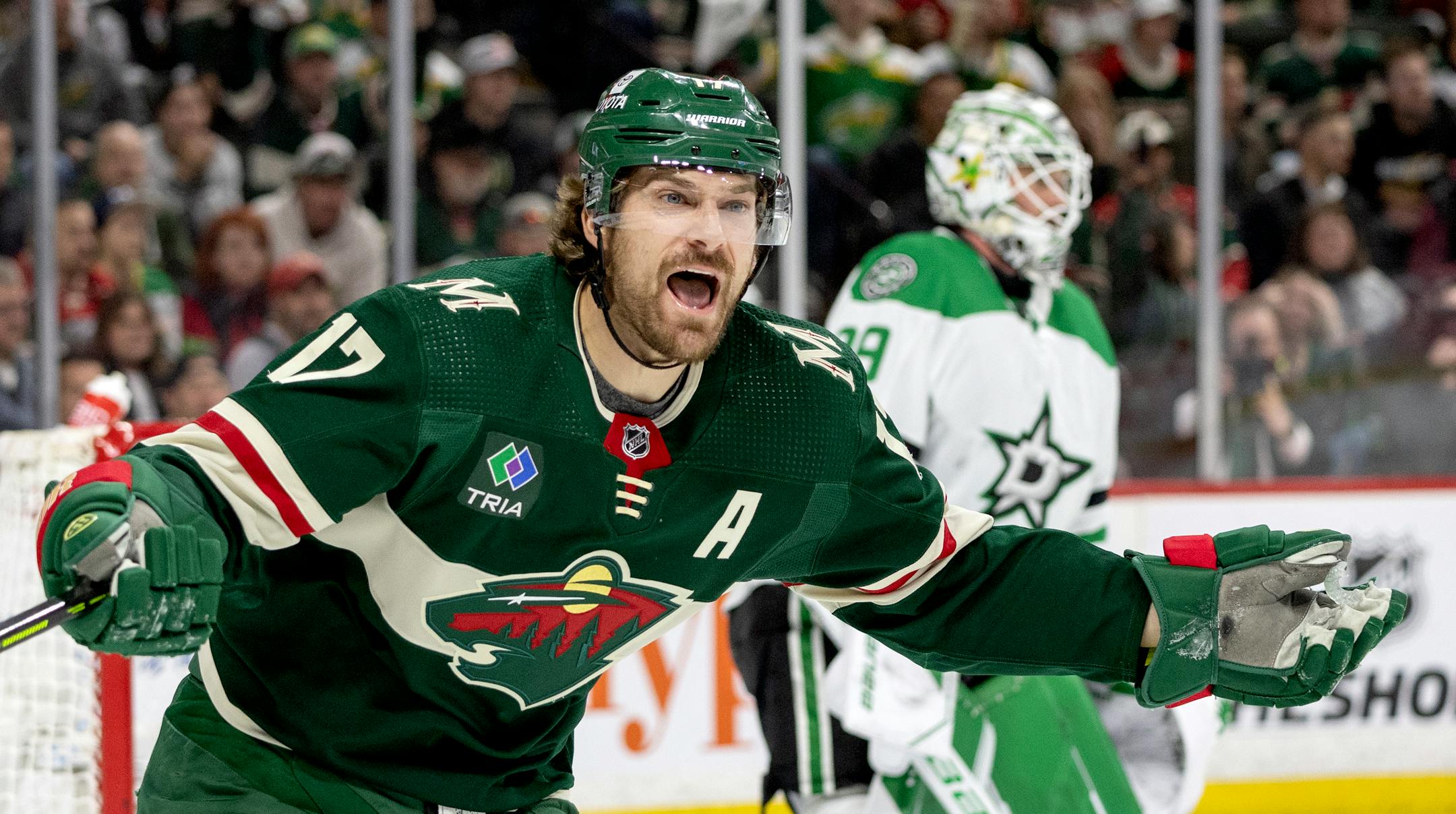 Marcus Foligno (17) of the Minnesota Wild is displeased after being called for a penalty in the second period.