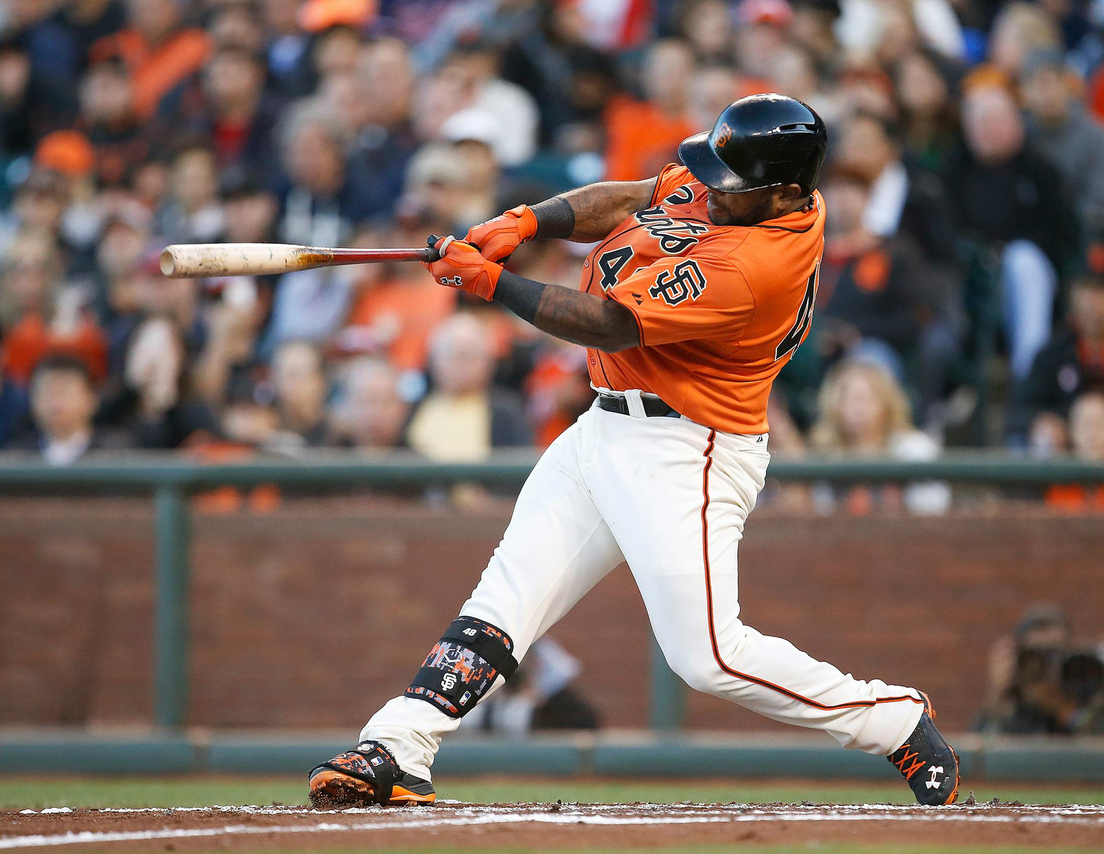 San Francisco Giants' Pablo Sandoval hits a three-run home run off Minnesota Twins starting pitcher Kyle Gibson in the first inning of a baseball game Friday, May 23, 2014, in San Francisco. (AP Photo/Tony Avelar)