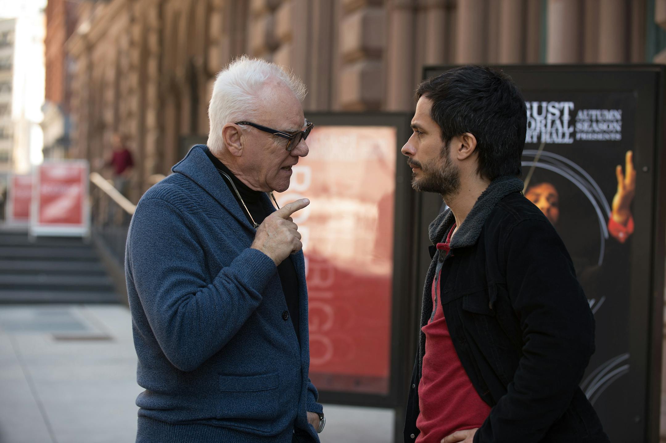 credit: David Lee, Amazon Studios Malcolm McDowell and Gael Garcia Bernal in "Mozart in the Jungle."