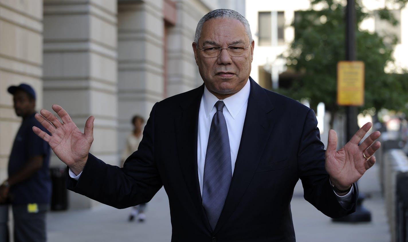 FILE - In this Oct. 10, 2008 file photo, former Secretary of State Colin Powell is seen in Washington. Powell says he sent Hillary Clinton a memo touting his use of a personal email account after she took over as the nation&#xed;s top diplomat in 2009. (AP Photo/Susan Walsh, File) ORG XMIT: WX103