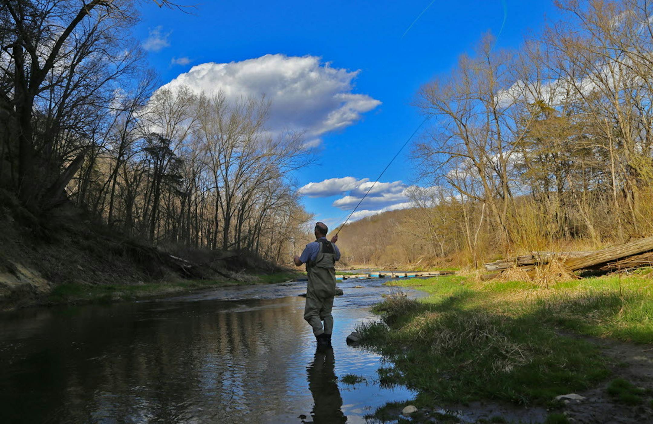 A fisherman fishes for trout on the Whitewater River in Whitewater State Park.