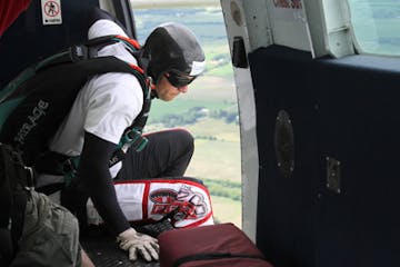 Kevin Burkart prepared to skydive toward his goal of completing 200 jumps in 24 hours. Burkart started the event, 200 Perfect Jumps, to raise money fo