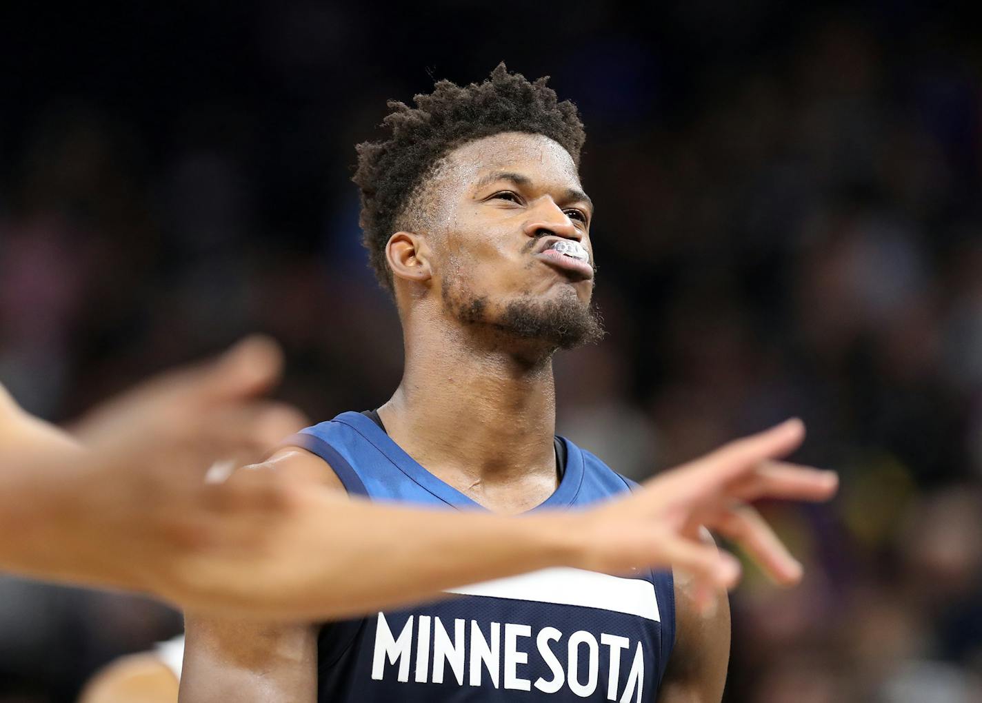 Minnesota Timberwolves guard Jimmy Butler (23) reacts after missing his third free throw shot during the second half. ] LEILA NAVIDI &#xef; leila.navidi@startribune.com BACKGROUND INFORMATION: The Minnesota Timberwolves play against the Detroit Pistons at Target Center in Minneapolis on Sunday, November 19, 2017. The Detroit Pistons won 100-97.