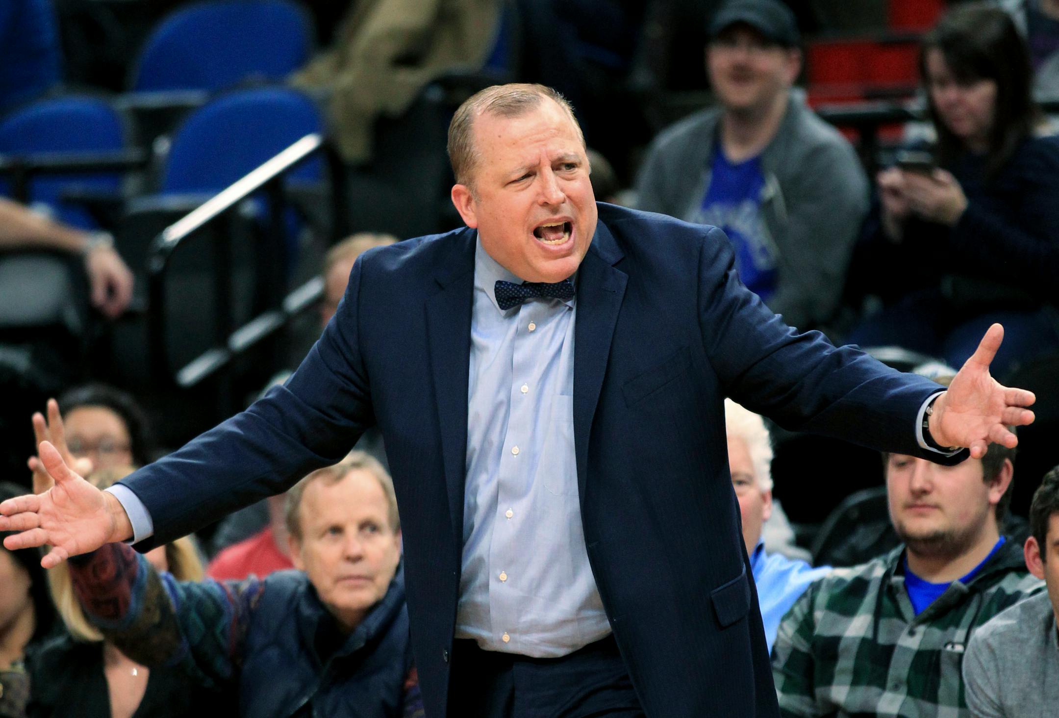 Minnesota Timberwolves coach Tom Thibodeau yells during the third quarter of the team's NBA basketball against the Brooklyn Nets in Minneapolis, Saturday, Jan. 28, 2017. The Timberwolves defeated the Nets 129-109. (AP Photo/Andy Clayton-King)