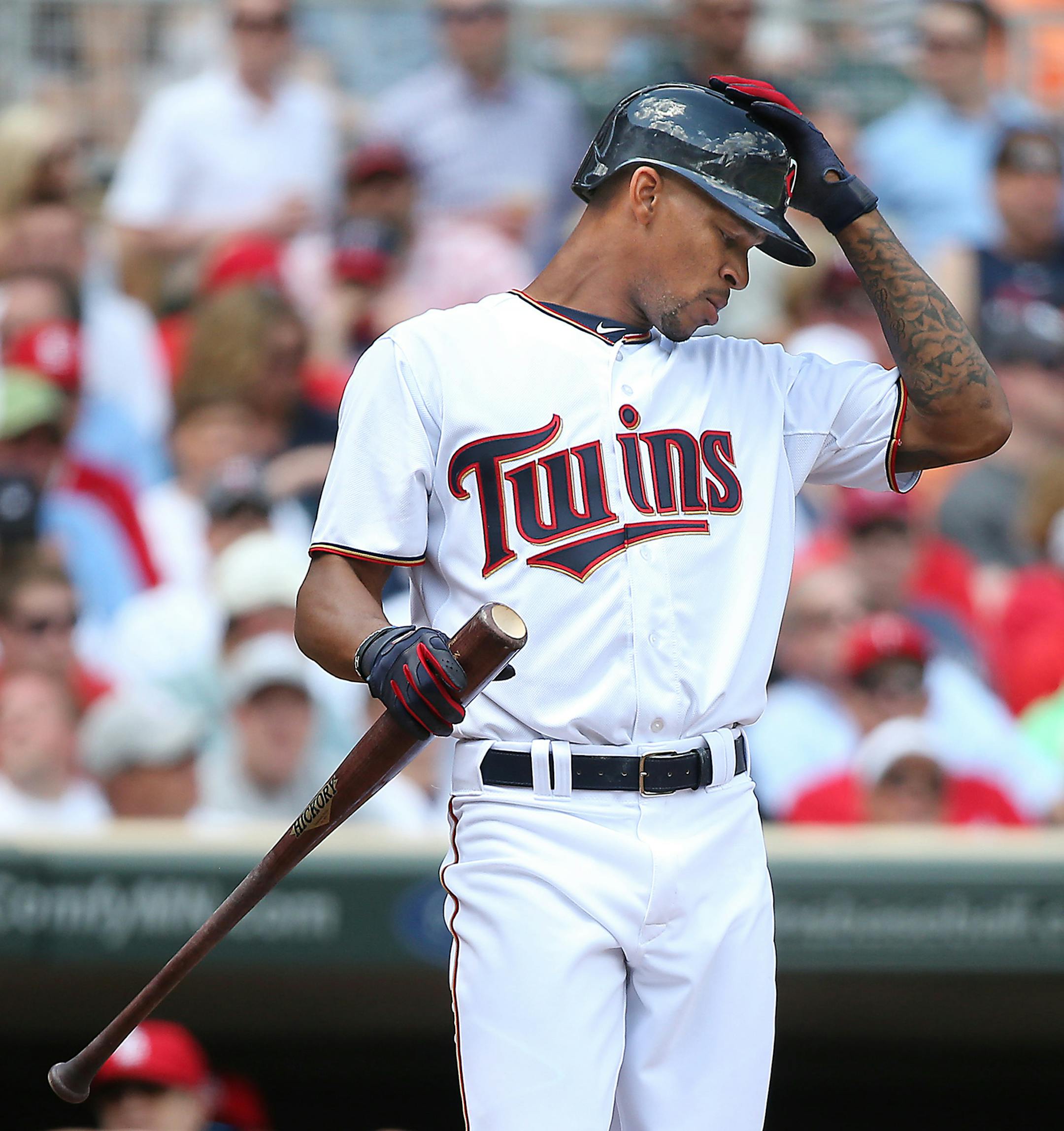 The Minnesota Twins' Byron Buxton shows his frustration at the plate after a strike in the eighth inning against the St. Louis Cardinals on Thursday, June 18, 2015, at Target Field in Minneapolis. The Twins won, 2-1. (Elizabeth Flores/Minneapolis Star Tribune/TNS) ORG XMIT: 1169705 ORG XMIT: MIN1506182035101625