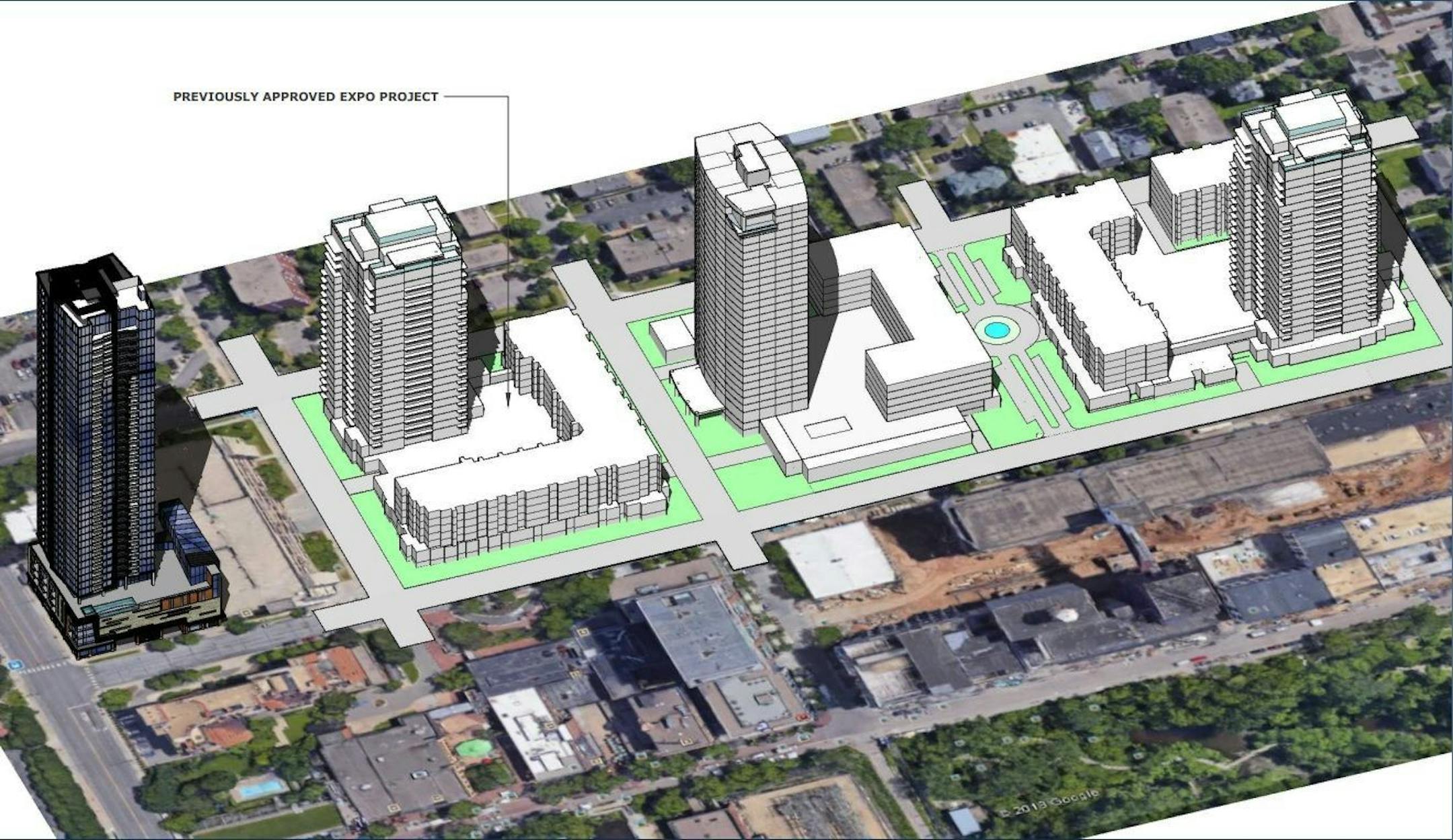 Developers are proposing to city planners several options, which could include two more tall residential towers in the St. Anthony Falls Historic District.
Courtesy Doran Architecture