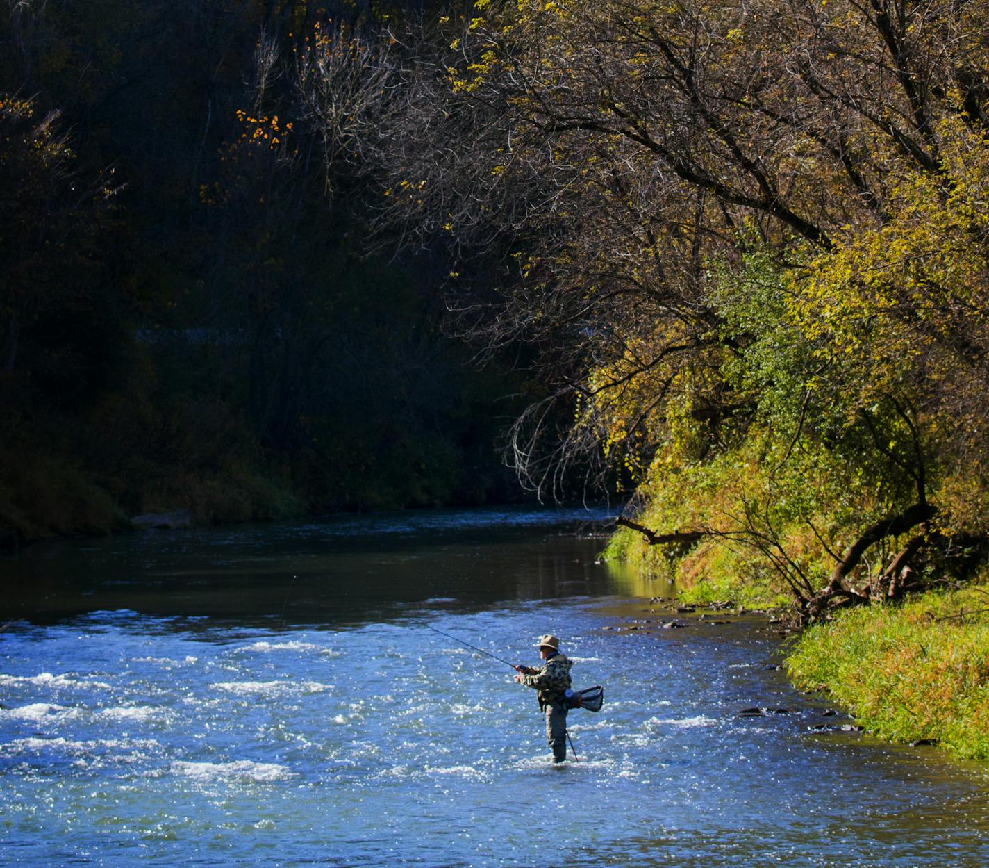 Fly Fishing is one of the most beautiful and enjoyable outdoor sports in south eastern Minnesota, this fisherman enjoys the solitude along the Root River near Lanesboro. ] Minnesota State of Wonders travel Project - South East Minnesota Bluff Country. BRIAN PETERSON &#x201a;&#xc4;&#xa2; brian.peterson@startribune.com Lanesboro, MN 10/13/14