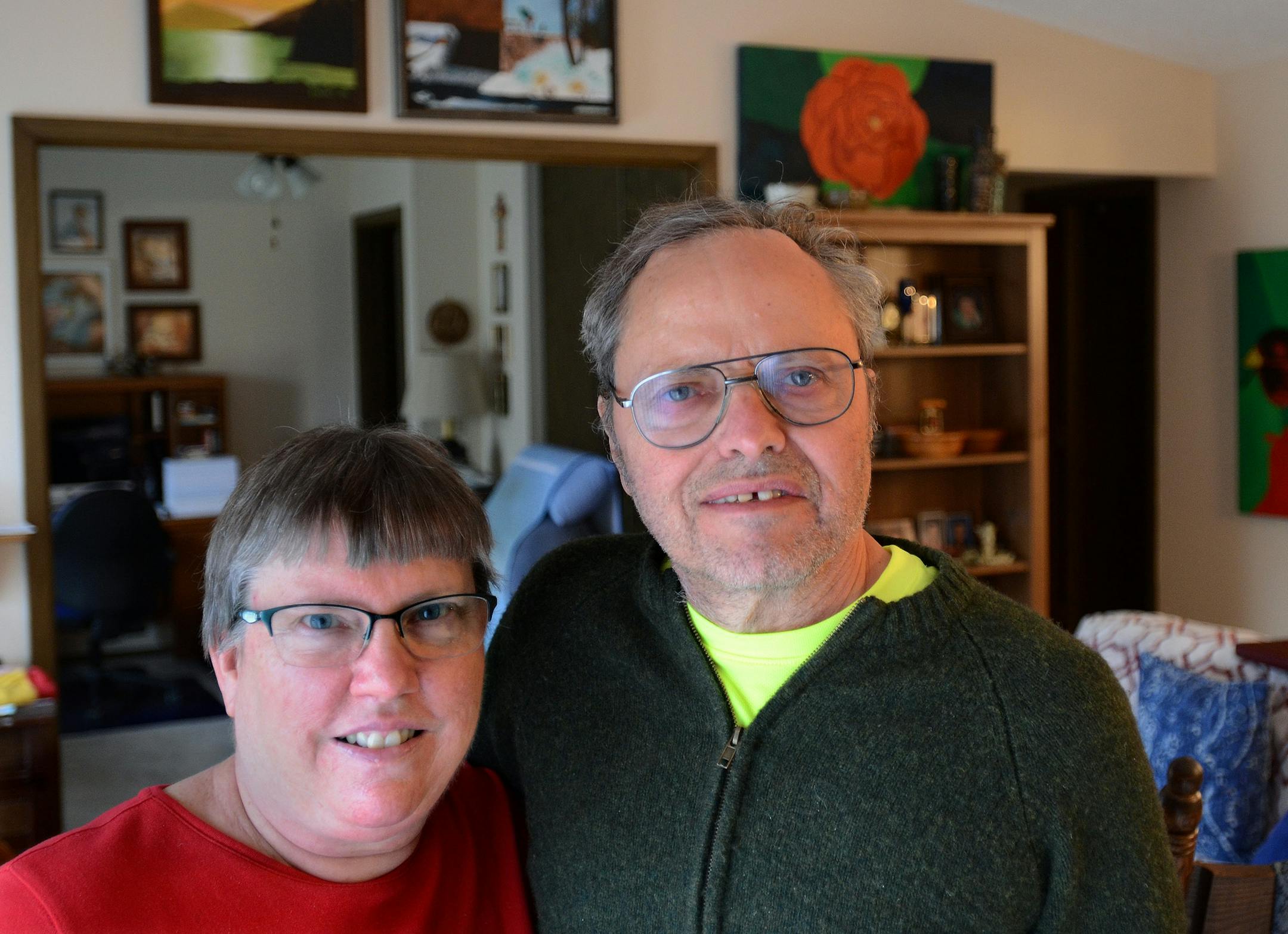(Left to right) Meg Clemens cares for her husband, Jim Clemens, who suffers from Parkinson's disease, Crohn's disease and ulcerative colitis. Meg Clemens is 61 years old and Jim Clemens is 65 years old and they live in Plymouth. ]Joey McLeister, Special to the Star Tribune, Plymouth,MN March26,2016