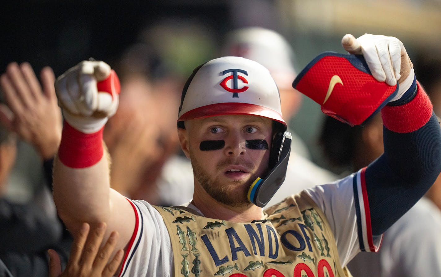 Minnesota Twins designated hitter Ryan Jeffers waas congratulated in the dugout after he knocked a two run homer in the sixth inning to tie the game. The Minnesota Twins defeated the Oakland Athletics 6-4 in an MLB baseball game Wednesday night, September 27, 2023 at Target Field in Minneapolis. ] JEFF WHEELER • jeff.wheeler@startribune.com