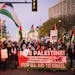 Demonstrators made their way down Hennepin Avenue demonstrating support for Palestinians in Gaza on the day of a visit to Minnesota by President Joe B