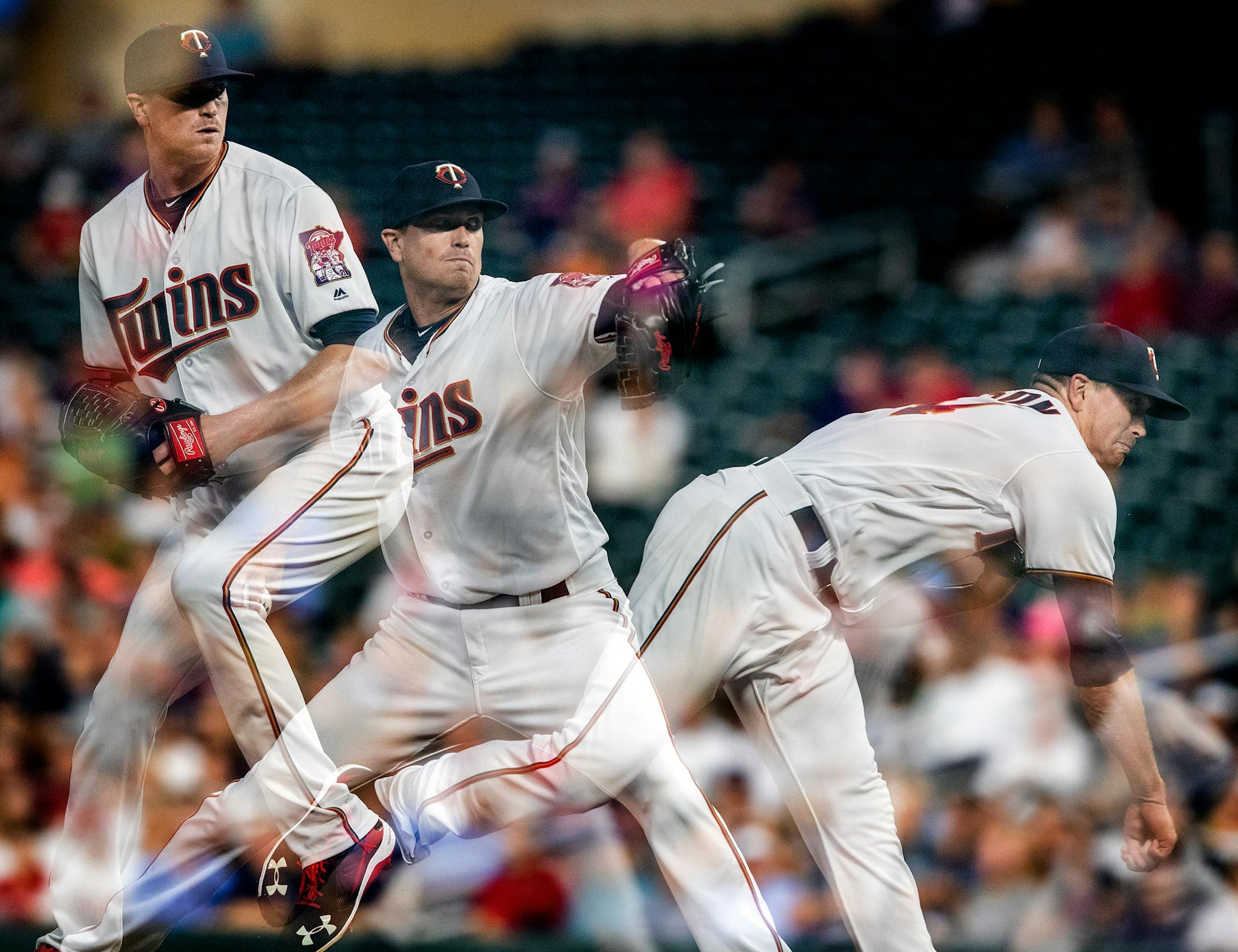 Minnesota Twins starting pitcher Kyle Gibson throwing in the second inning in a multiple exposure image.