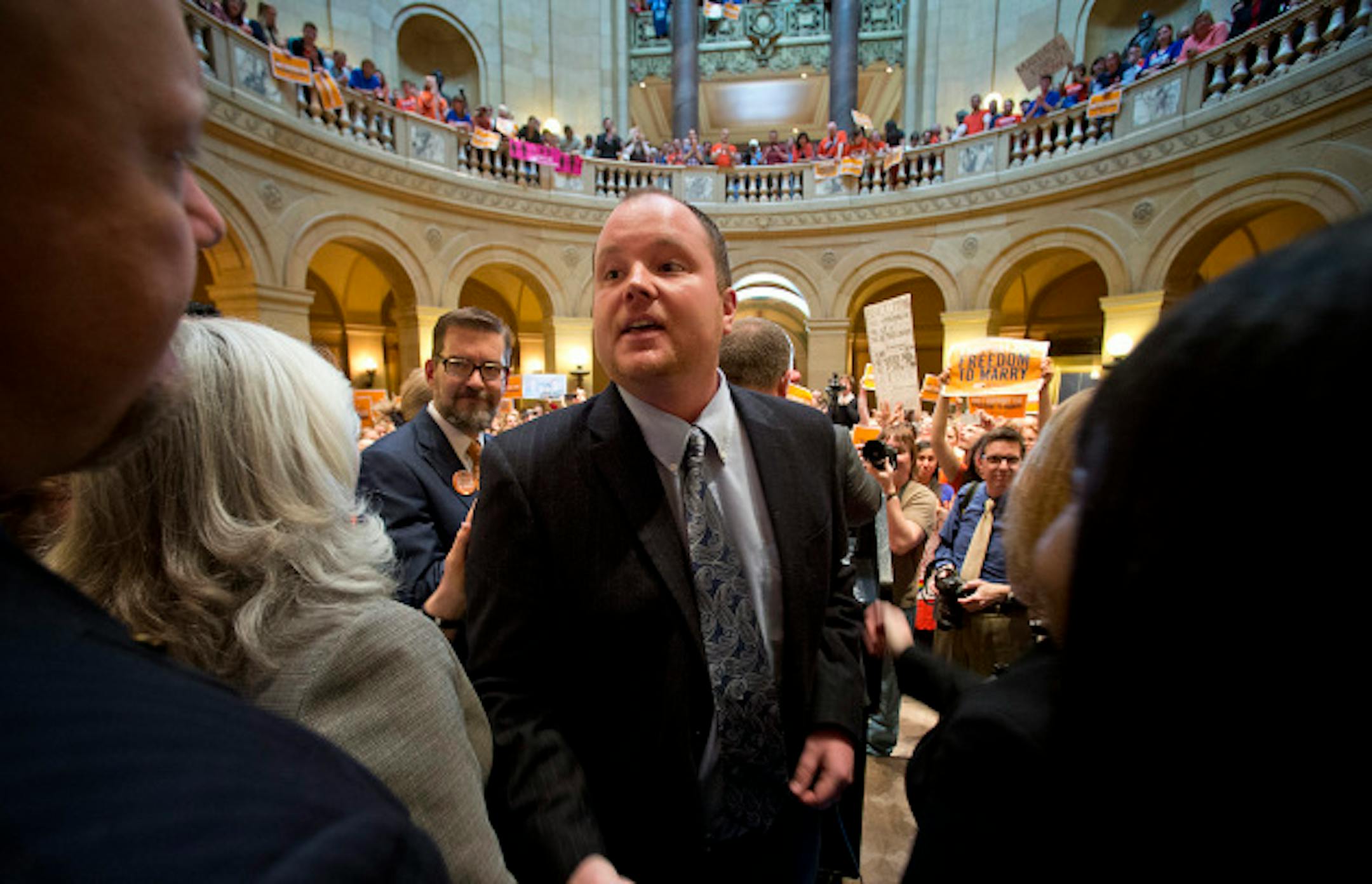 Republican Senator Branden Peterson was welcomed on the victory celebration stage.  So far he is the lone Republican Senator in support of the bill which comes to the Senate Monday.  . Thursday, May 9, 2013.     ]   GLEN STUBBE * gstubbe@startribune.com