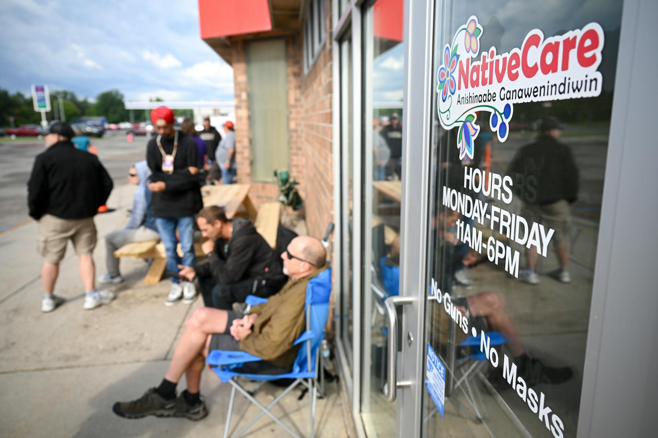 People line up before the grand opening Tuesday, Aug. 1, 2023 at NativeCare in Red Lake, Minn.