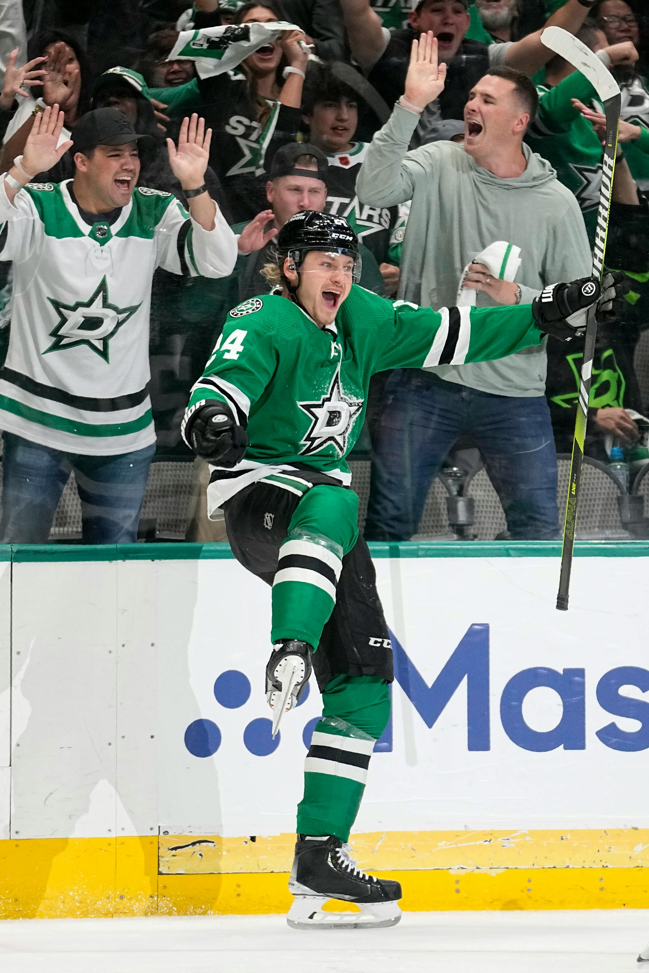 Dallas Stars center Roope Hintz celebrates after scoring against the Minnesota Wild in the first period of Game 2.