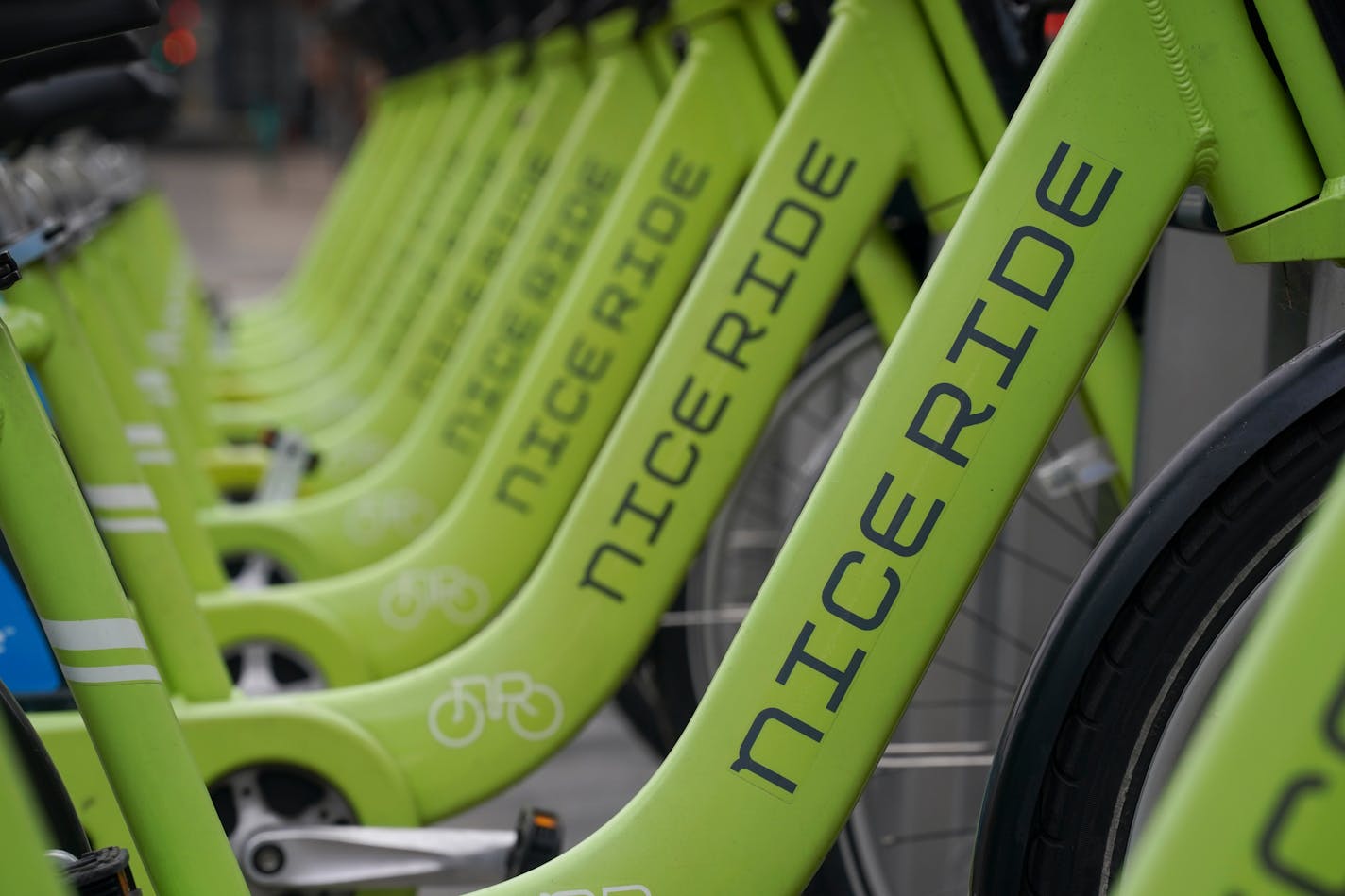 A rack of Nice Ride bikes at the corner of 2nd Ave. S. and 3rd St. S. in downtown Minneapolis Monday afternoon. ] JEFF WHEELER • Jeff.Wheeler@startribune.com