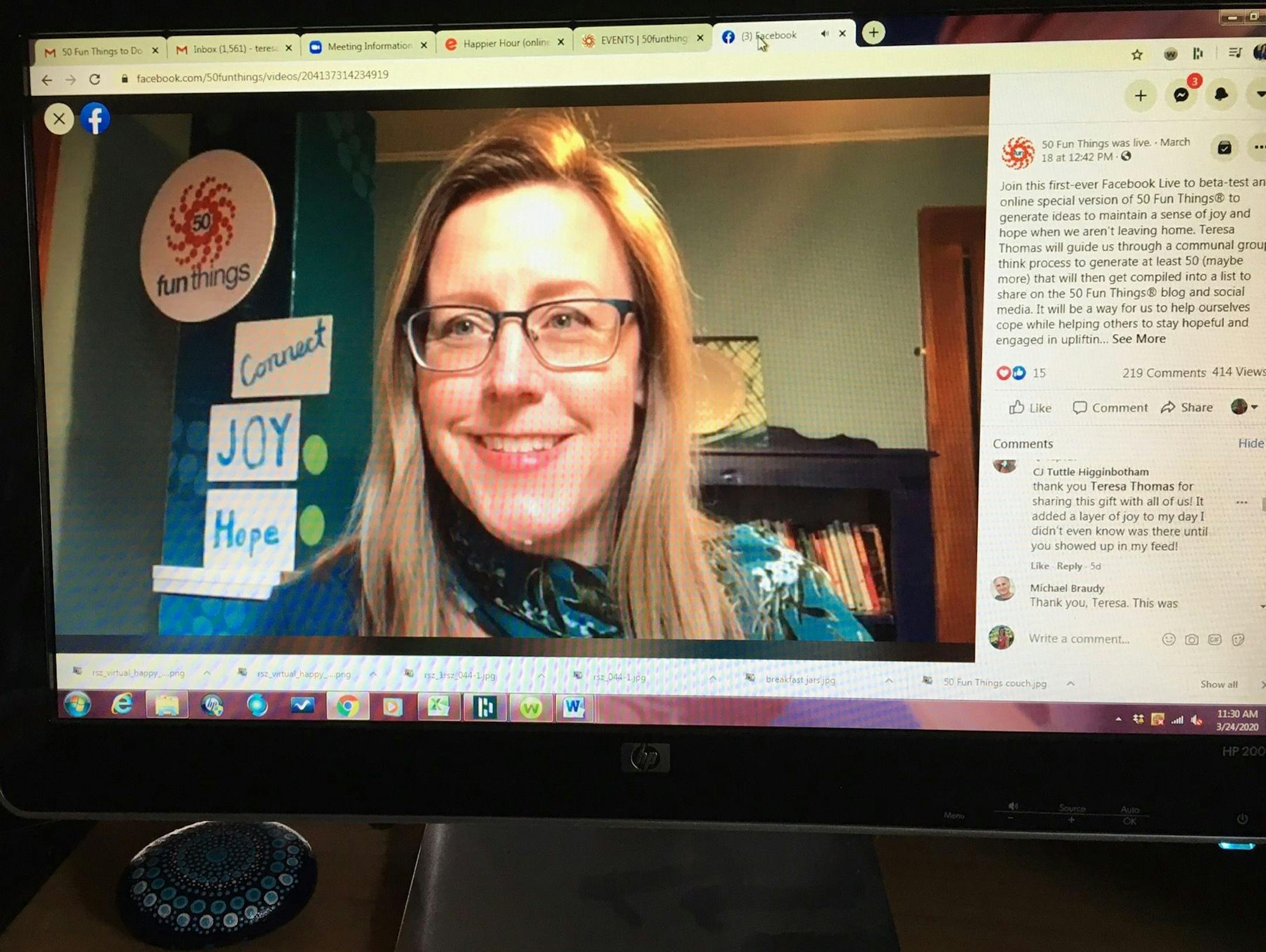 Teresa Thomas, founder of the social networking busines 50 Fun Things, took to Facebook to help people brainstorm ways to have fun and stay healthy while staying at home to stop the spread of COVID-19. Hundreds of people tuned in. Photo credit: Teresa Thomas