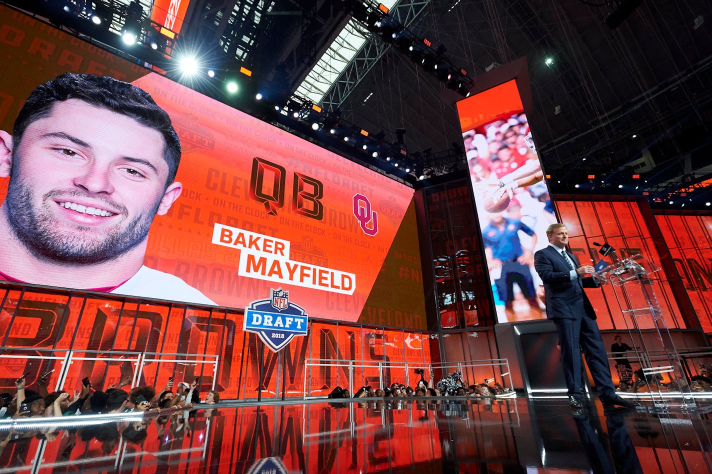 Oklahoma quarterback Baker Mayfield is selected by the Cleveland Browns with the first pick of the 2018 NFL Draft