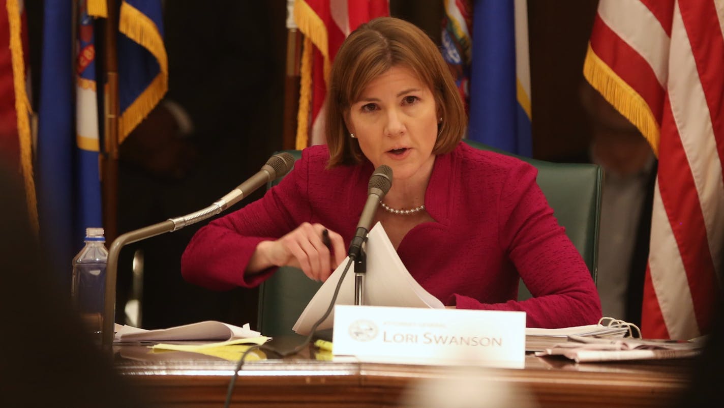 Attorney general Lori Swanson asked questions during testimony from Sanford Health representatives on the proposed takeover of the University of Minnesota Medical Center and Fairview Health Systems by South Dakota's Sanford Health during a hearing at the Minnesota State Capitol on Sunday, April 7, 2013, in St. Paul, Minn.