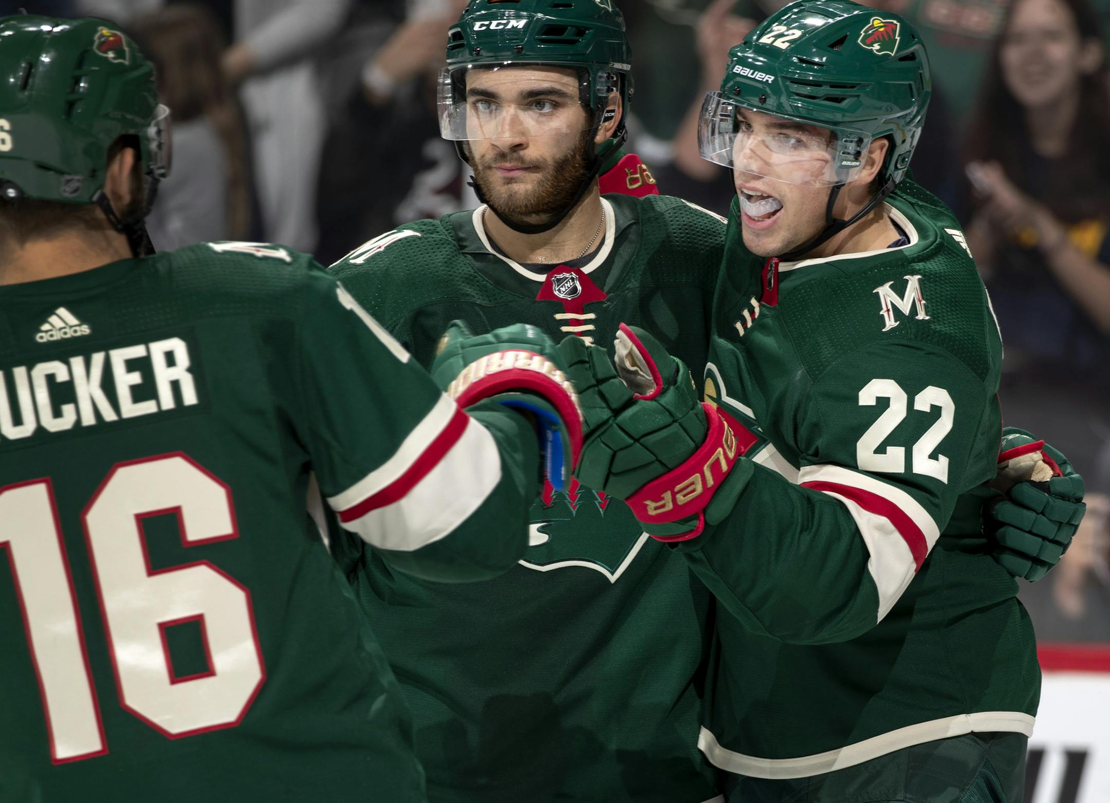 Kevin Fiala (22) of the Minnesota Wild celebrated with teammates after scoring in the second period. ] CARLOS GONZALEZ • cgonzalez@startribune.com – St. Paul, MN – September 29, 2019, Xcel Energy Center, NHL Pre Season Hockey, Minnesota Wild vs. Winnipeg Jets