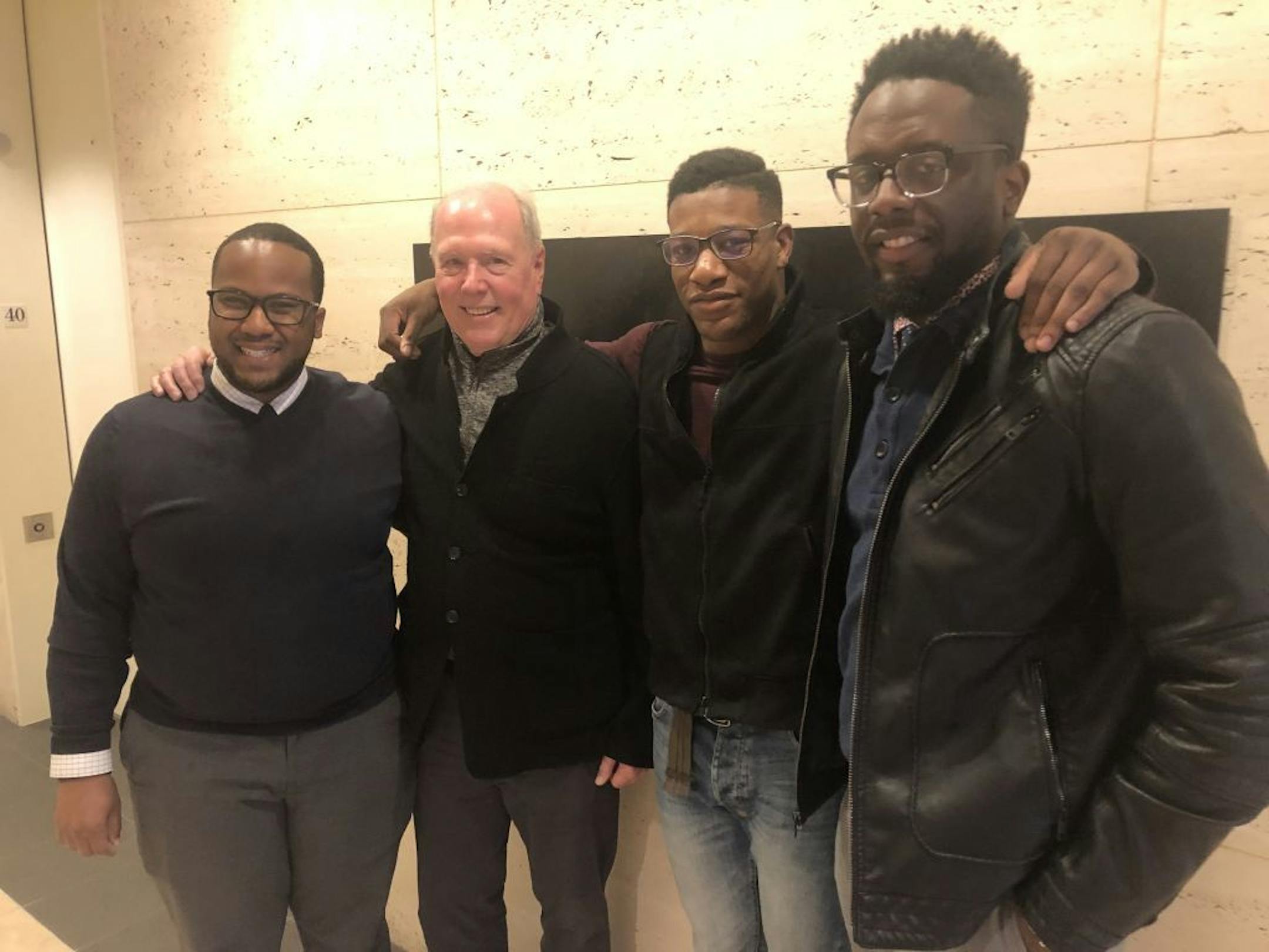 Darnell Cage, an attorney at Fredrikson & Byron, with John Stout of Fredrikson, a founder of Meda a half-century ago; Darrin Levine, founder/owner of ASDAL, a Meda and Fredrikson client; and Samuel Ndely, a Meda business consultant. Photo: Neal.St.Anthony@startribune.com