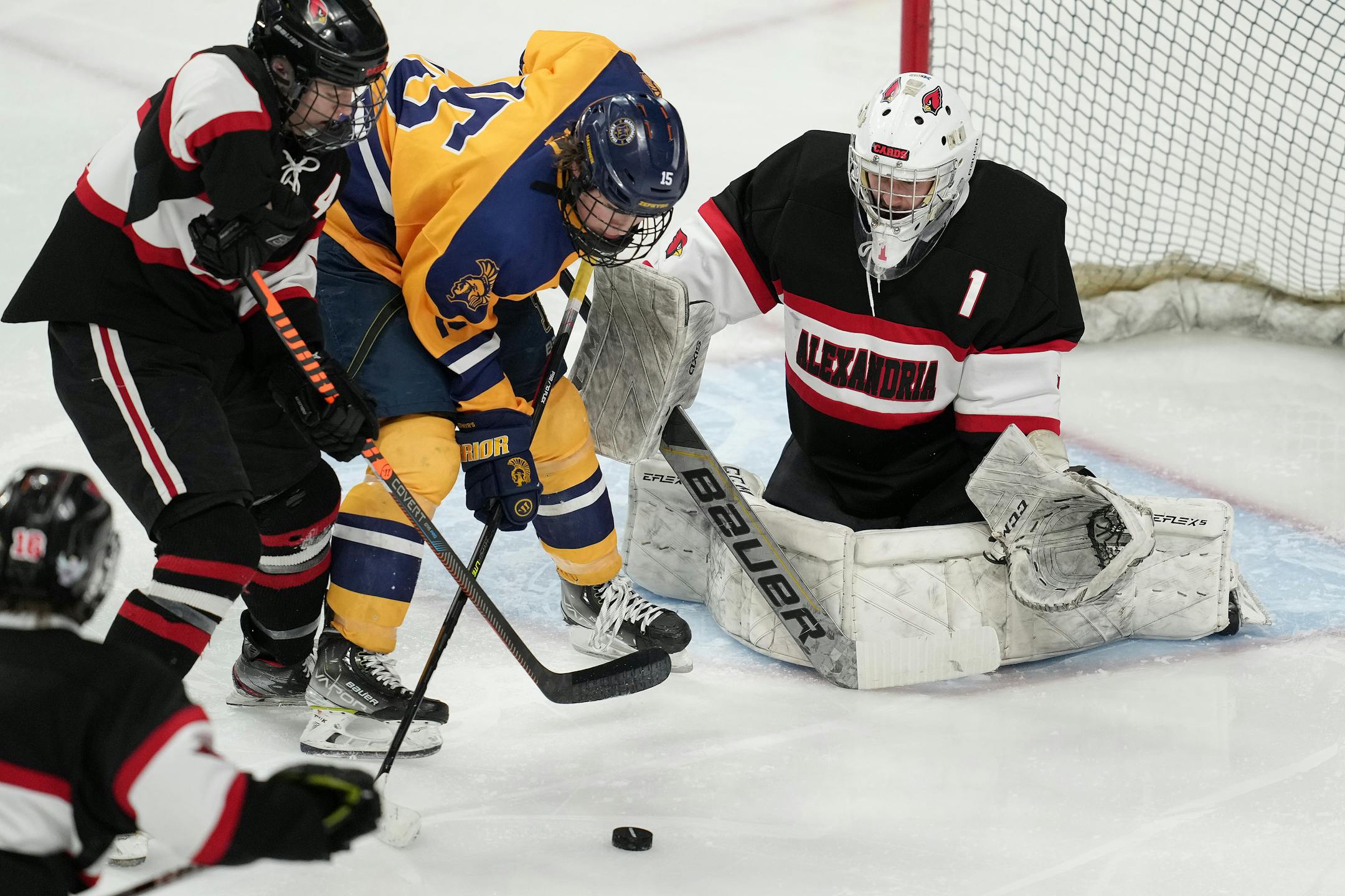 Mahtomedi forward Seth Nelson (15) looks to take a shot on Alexandria goaltender Elijah Rasmusen (1) in the second period of a MSHSL Class 1A quarterfinal hockey game between Alexandria and Mahtomedi.