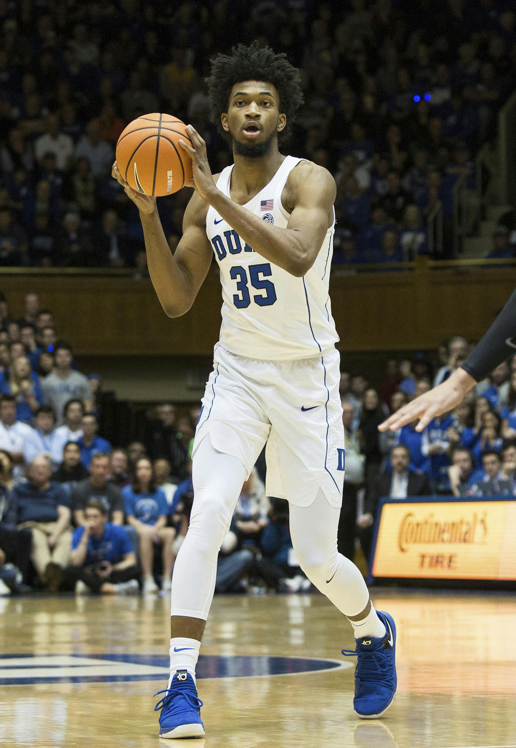 Duke's Marvin Bagley III (35) looks to pass during the first half of an NCAA college basketball game against Pittsburg in Durham, N.C. Saturday, Jan. 20, 2018. (AP Photo/Ben McKeown)