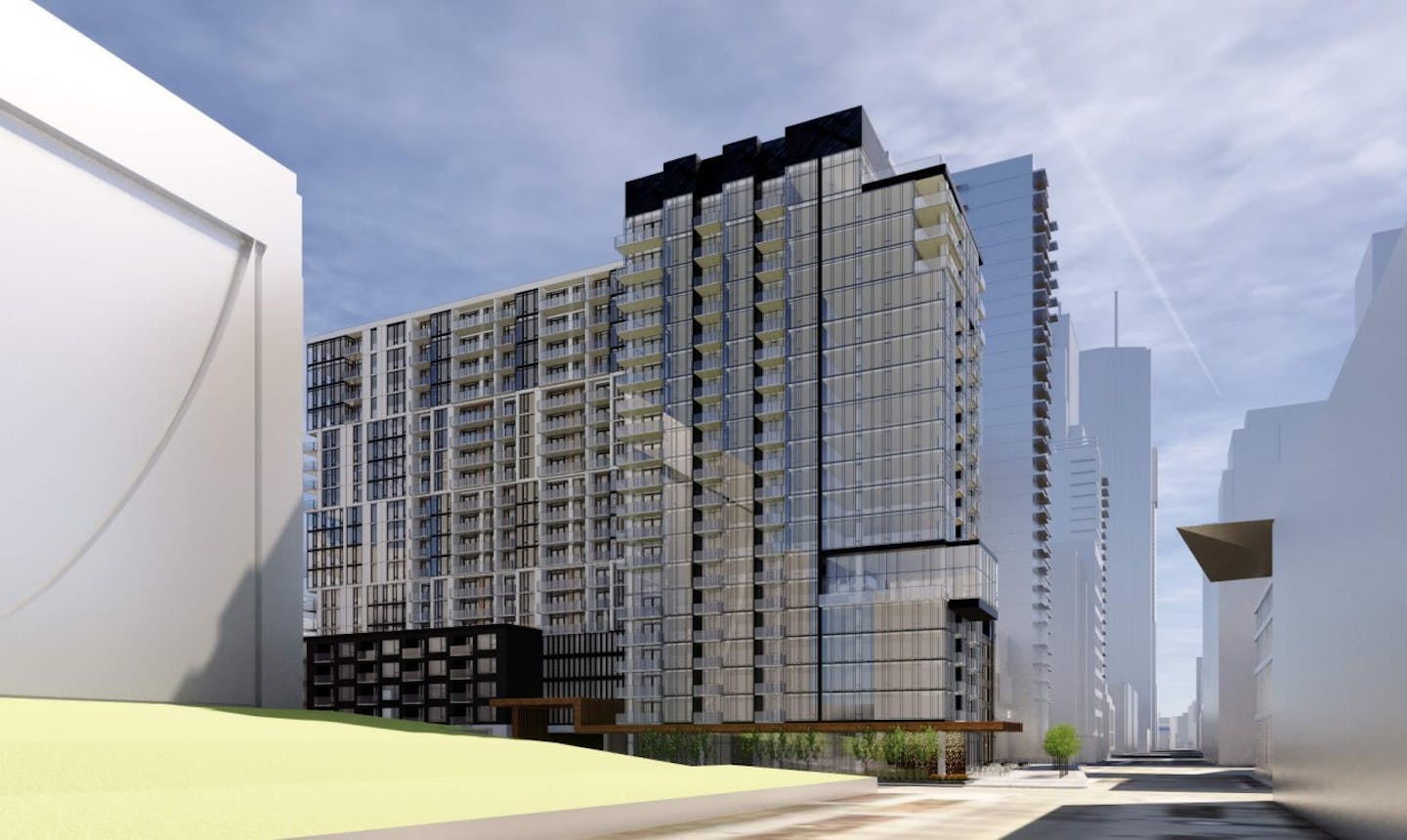 Opus plans to build this 20-story, 350-unit apartment complex, called Nicollet 301, across the street from the downtown library.