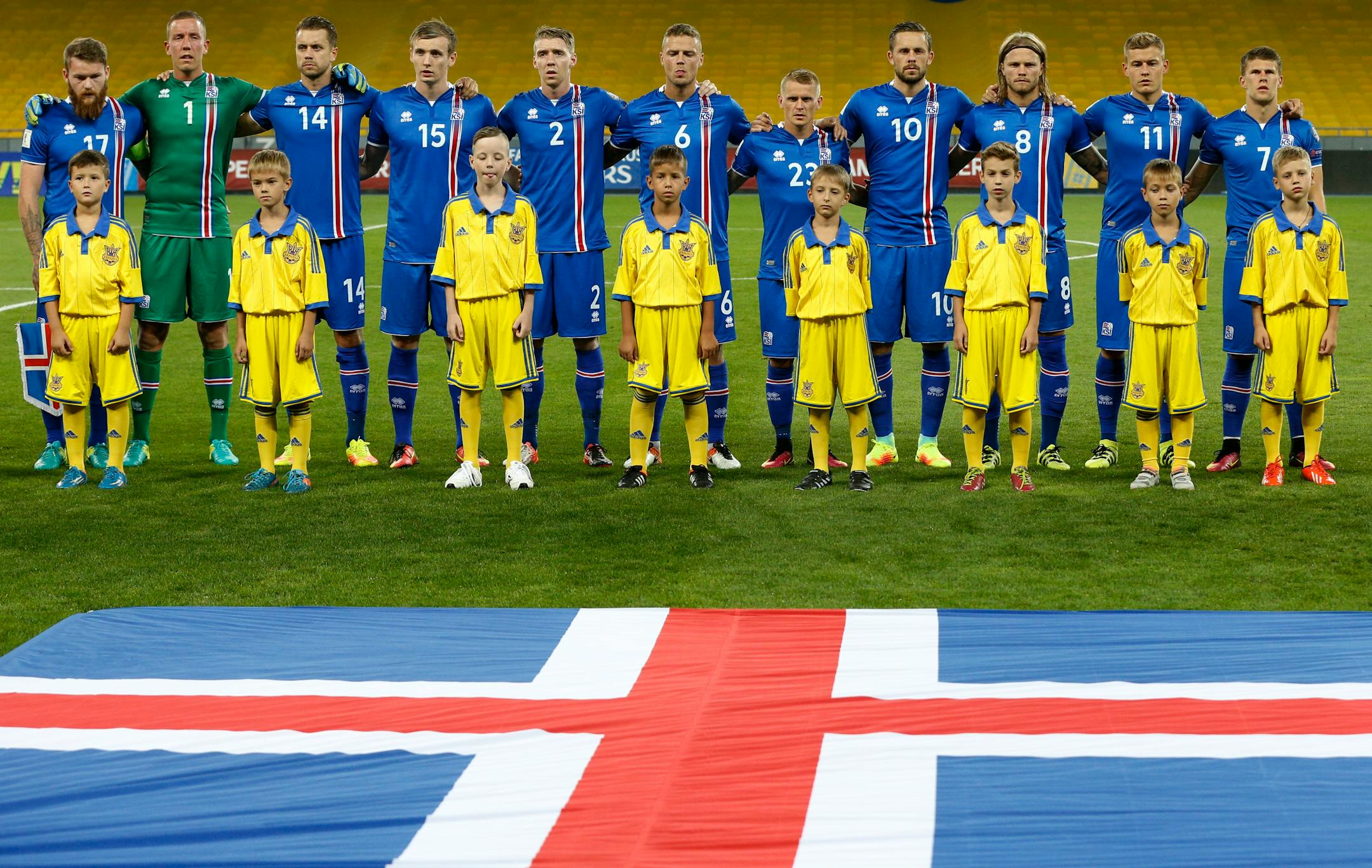 The Iceland soccer team line up for a photo before the World Cup Group I qualifying soccer match between Ukraine and Iceland at the Olympiyskiy stadium in Kiev, Ukraine, Monday, Sept. 5, 2016. (AP Photo/Sergei Chuzavkov)