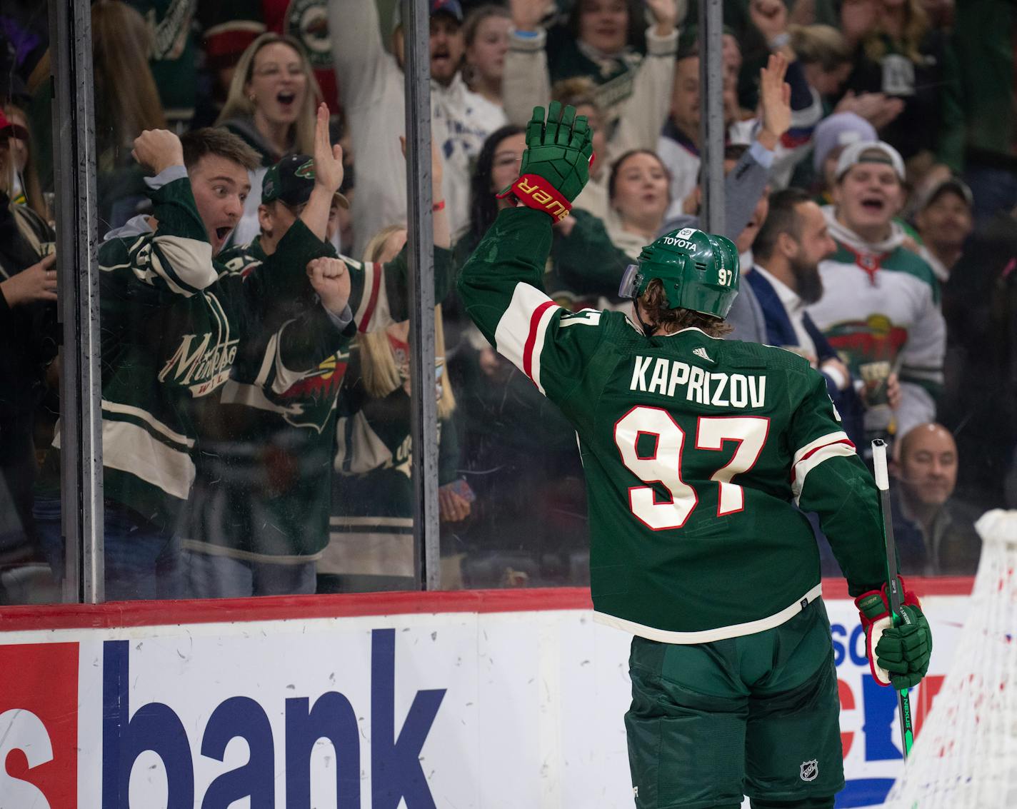 Minnesota Wild left wing Kirill Kaprizov (97) waved to fans on the glass after he scored in the second period of the game Thursday, Dec. 1, 2022 at Xcel Energy Center in St. Paul. The Minnesota Wild faced the Edmonton Oilers in an NHL hockey game. ] JEFF WHEELER • Jeff.Wheeler@startribune.com ORG XMIT: MIN2212012057380170