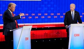 President Joe Biden, right, and Republican presidential candidate former President Donald Trump, left, participate in a presidential debate hosted by 