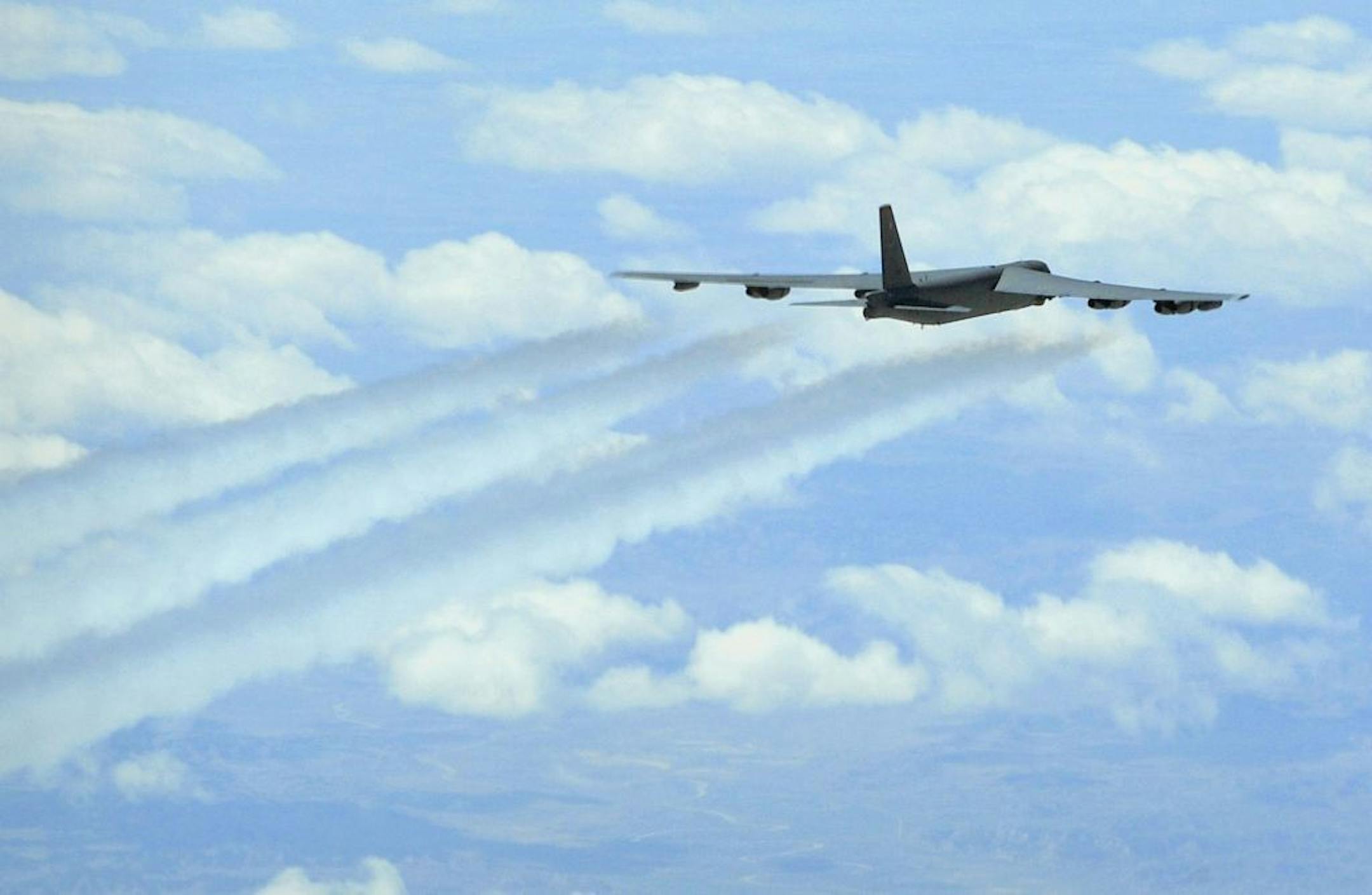 FILE -- Two B-52's, long-range American bombers, have conducted what Pentagon officials described Tuesday, Nov. 26, 2013, as a routine training mission through international air space recently claimed by China as its �air defense identification zone.� A photo provided by the Air Force showing a B-52 in flight over the U.S. in 2011.