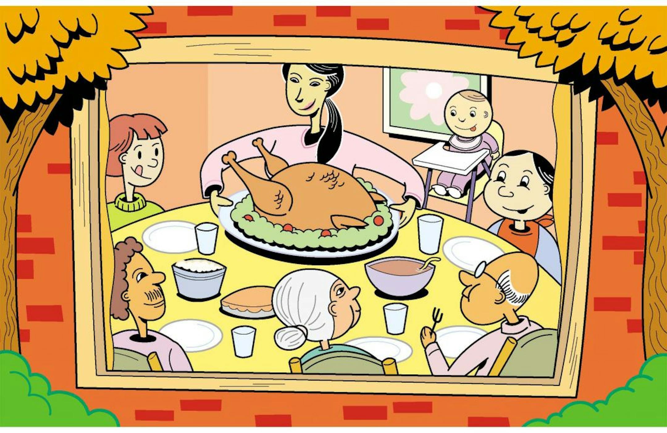 300 dpi 4 col x 5 in / 196x127 mm / 667x432 pixels Neil Nakahodo color illustration of a family seated at table for a Thanksgiving dinner. The Kansas City Star 2002 <p> KEYWORDS: krtthanks family thanksgiving turkey feast food krtholiday holiday illustration dia de accion gracias familia pavo comida fiesta navidad banquete ilustracion grabado contributed nakahodo kc 2002