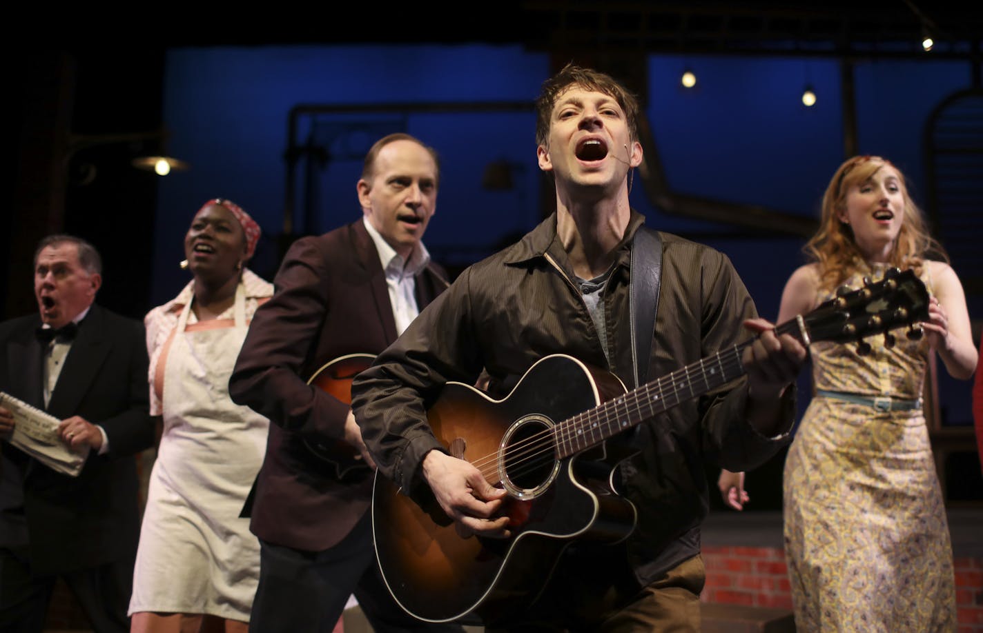 Chris Koza, in the role of Harold McClam in Jungle Theater's "Fly By Night," foreground, with James Detmar, Joy Dolor, Jim Lichtscheidl, and Royer Bockus, from left. ] JEFF WHEELER &#xef; jeff.wheeler@startribune.com Rocker Chris Koza is appearing in his first musical theater production since college, "Fly By Night" which was in dress rehearsal Sunday afternoon, June 4, 2017 at the Jungle Theater in Minneapolis.