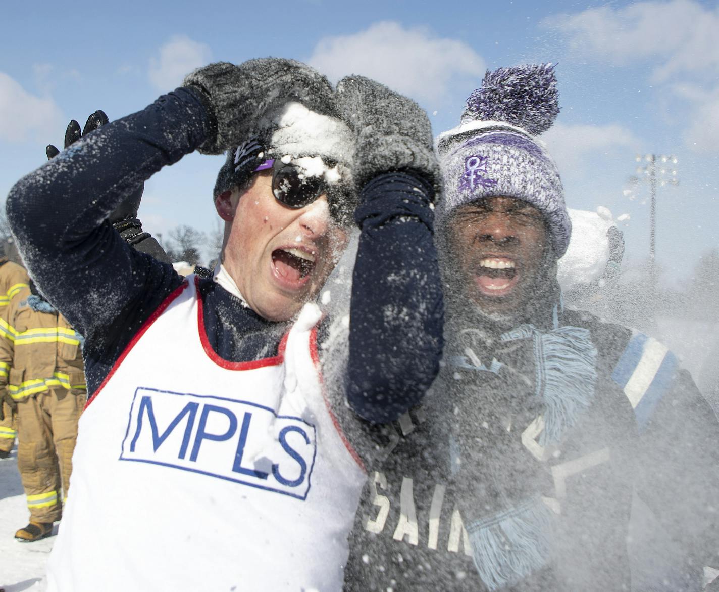 A snowball fight was held at McMurray Fields between the cities of St. Paul and Minneapolis. Minneapolis Mayor Jacob Frey left, and St. Paul Mayor Melvin Carter were covered with snow during a snowball fight between the two cites Sunday February 24, 2019 in St. Paul, MN.] Jerry Holt &#x2022; Jerry.holt@startribune.com