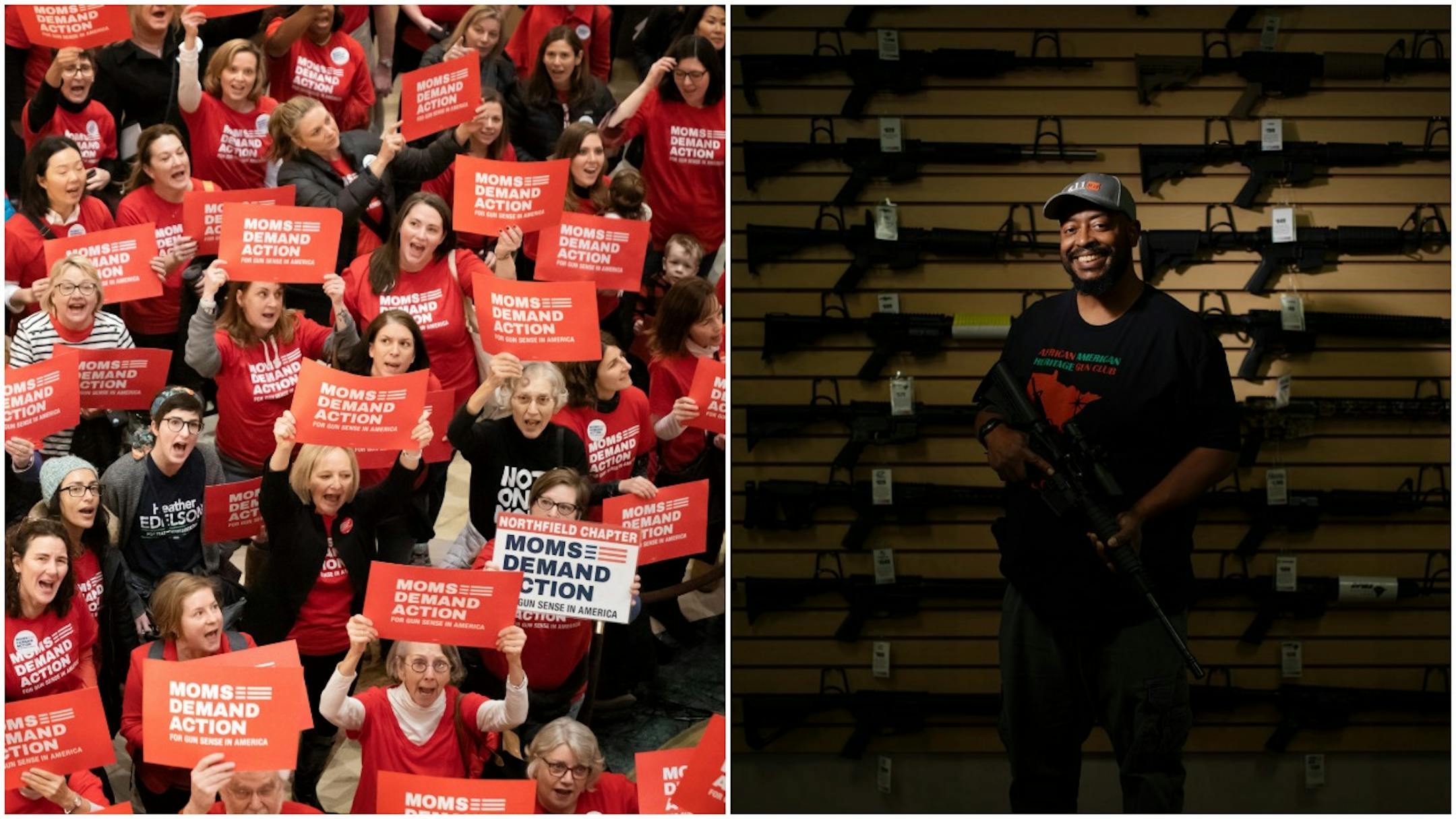 Left, Moms Demand Action for Gun Sense in America chanted in the Capitol Rotunda last week as the group rallied for sensible gun laws as the Legislature opened. Right, Louis Dennard, president of the African American Heritage Gun Club, called the proposed gun legislation a "feel-good" approach that won't work.
