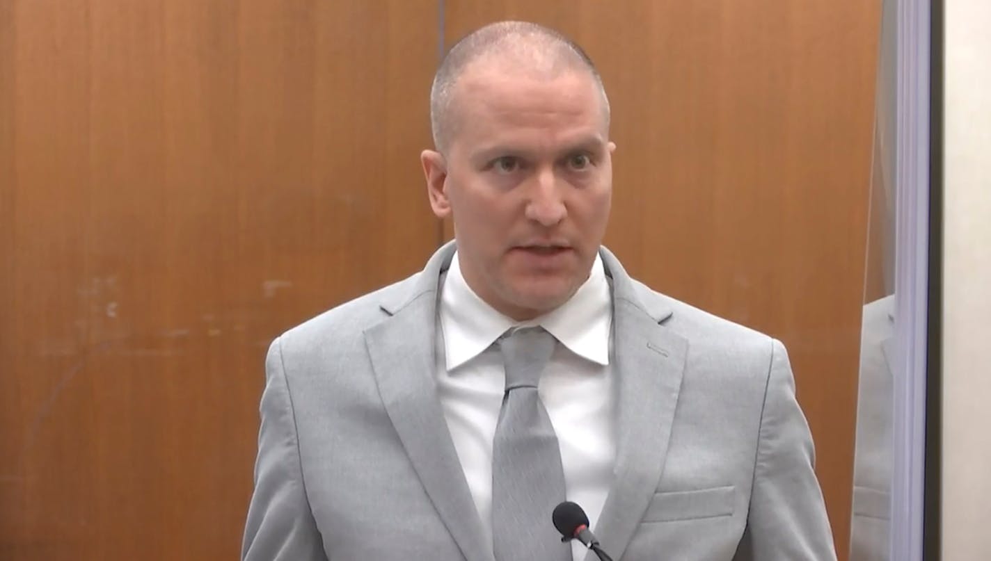 In this image taken from video, former Minneapolis police Officer Derek Chauvin addresses the court as Hennepin County Judge Peter&nbsp;Cahill presides over Chauvin's sentencing, Friday, June 25, 2021, at the Hennepin County Courthouse in Minneapolis. Chauvin faces decades in prison for the May 2020 death of George Floyd. (Court TV via AP, Pool) ORG XMIT: CER216