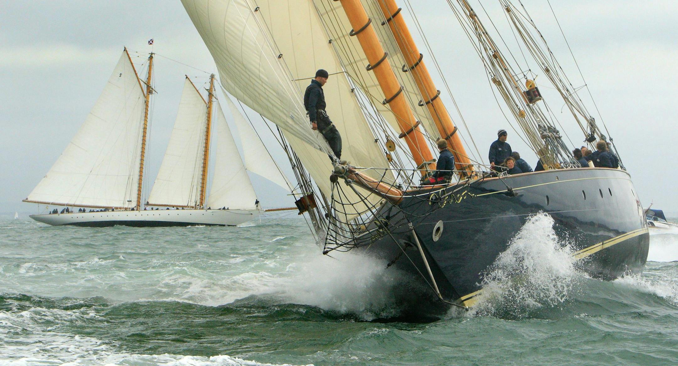 Mariette, right, and Eleonora compete in the Westward Cup on the Solent. off the Isle of Wight England Wednesday July 7, 2010. Only four classic yachts are invited to compete, Mariette, Tuiga, Mariquita and Eleonora in the event organised by of the three most prestigious yacht clubs in the world, The Royal Yacht Squadron, The New York Yacht Club and The Yacht Club de Monaco.