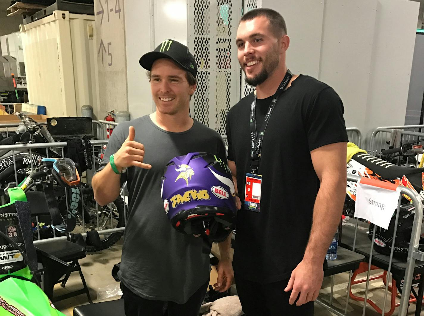 Vikings safety Harrison Smith, right, posed with Jackson Strong at the X Games on Saturday, July 21, 2018, at U.S. Bank Stadium in Minneapolis. (Andrew Krammer/andrew.krammer@startribune.com)