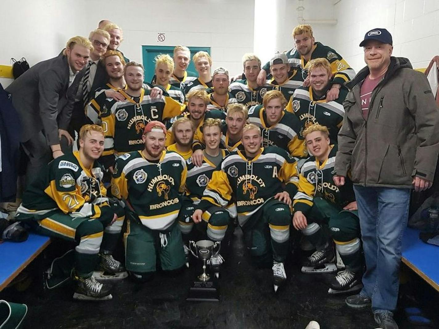 Members of the Humboldt Broncos junior hockey team are pictured in a photo posted to the team's Twitter feed, on March 24, 2018, after a playoff.