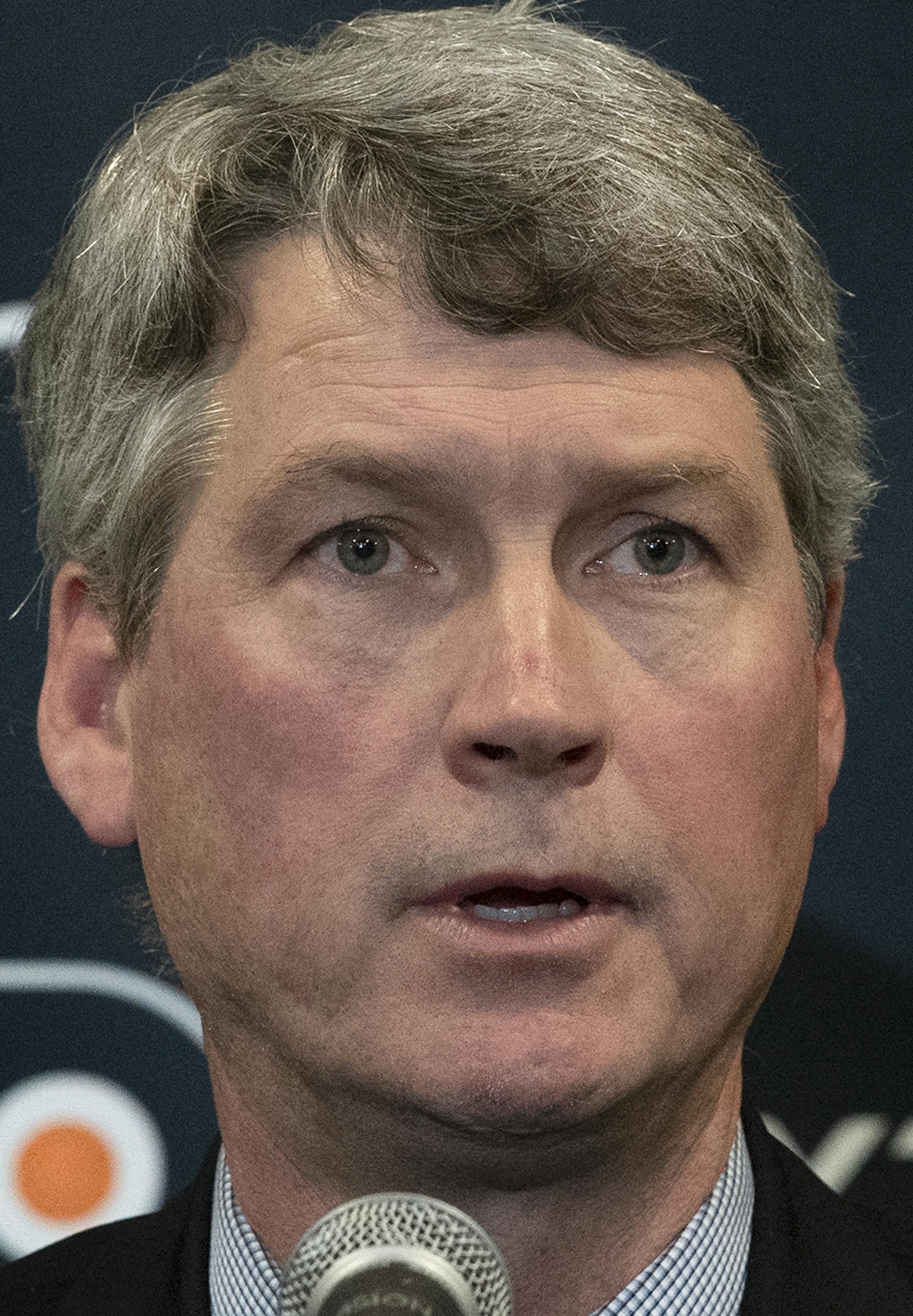 New Philadelphia Flyers NHL hockey team general manager Chuck Fletcher speaks to the media during a press conference at the Flyers practice facility in Voorhees, N.J., Wednesday, Dec. 5, 2018. (Jose F. Morena/The Philadelphia Inquirer via AP)
