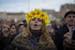 A Ukrainian woman shouts slogans during a demonstration in support of Ukraine's protests against Viktor Yanukovych's government in Madrid, Spain, Sund