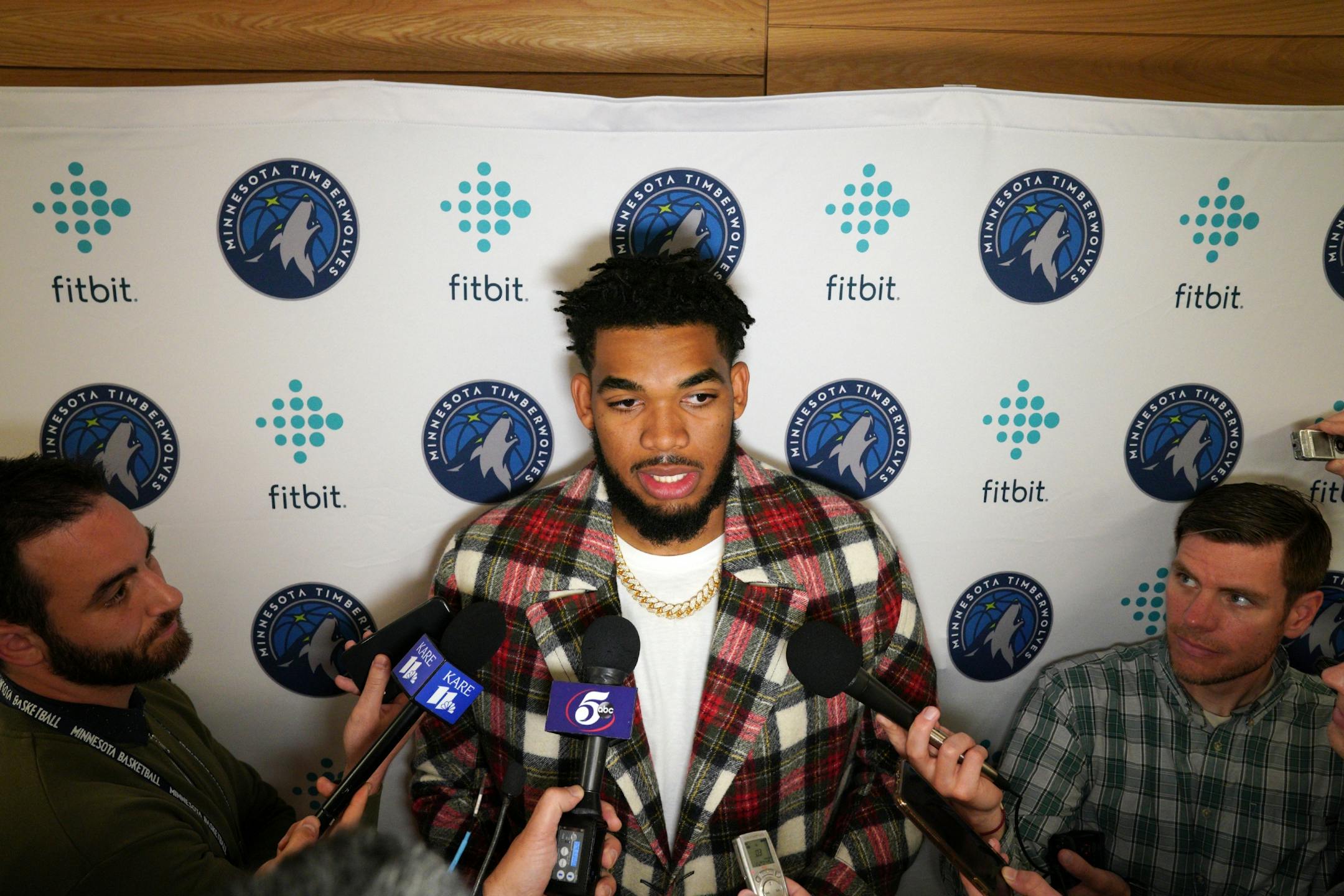 Minnesota Timberwolves center Karl-Anthony Towns (32) took questions from the press following Tuesday's press conference.