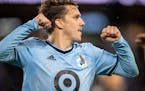 Adrien Hunou (23) of Minnesota United FC celebrates after scoring a goal in the first half Wednesday, Oct. 20 at Allianz Field in St. Paul, Minn.