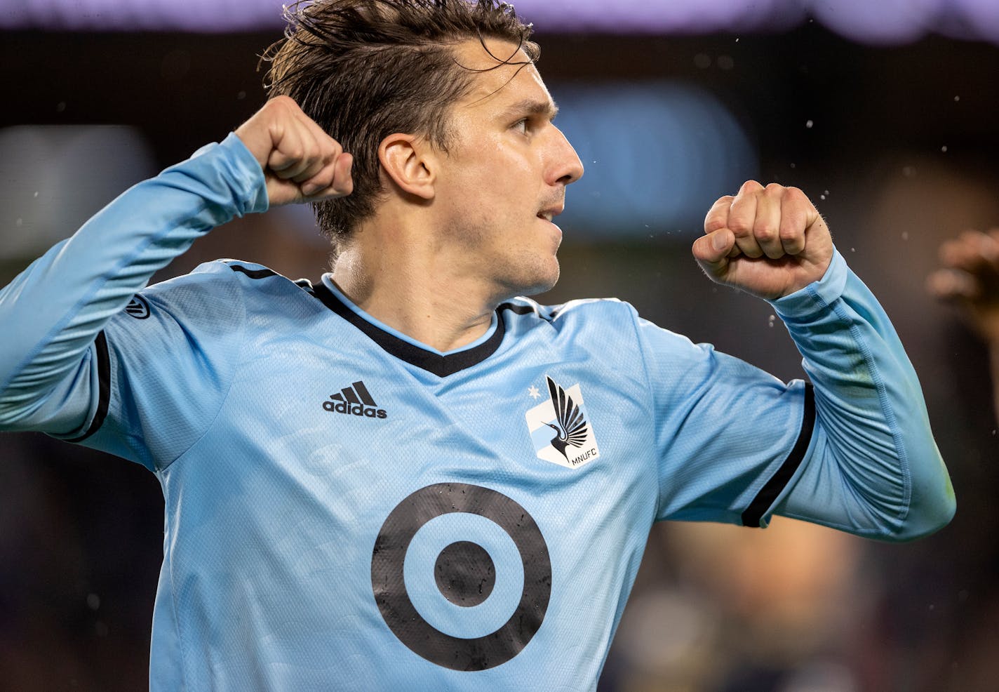 Adrien Hunou (23) of Minnesota United FC celebrates after scoring a goal in the first half Wednesday, Oct. 20 at Allianz Field in St. Paul, Minn.