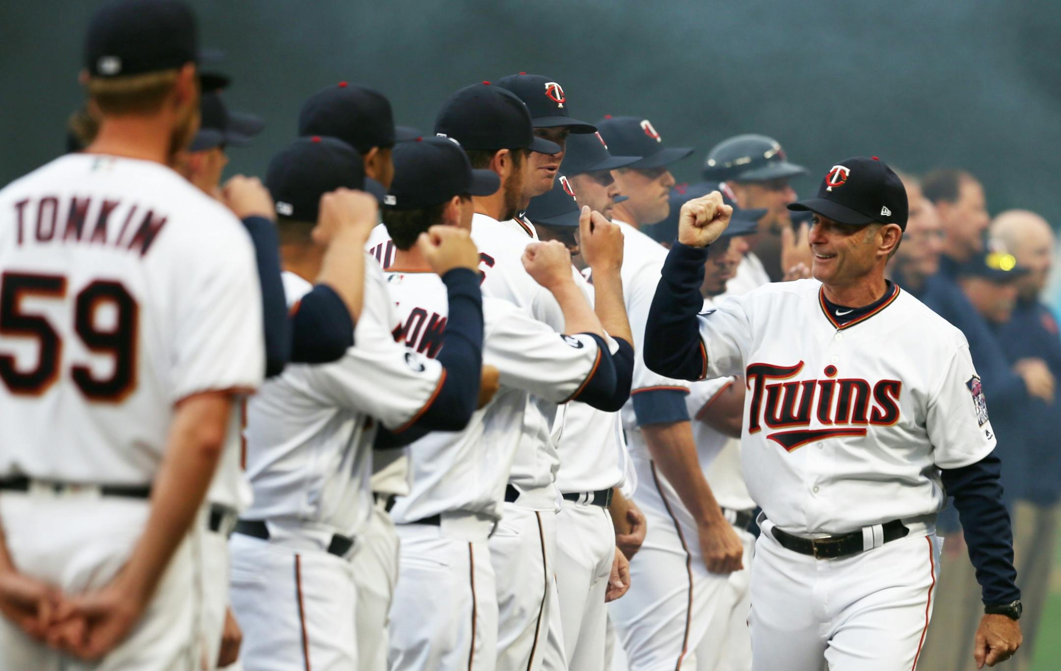 Twins manger Paul Molitor fist pumped with his team during introduction at Target Field on opening day Monday April 3, 2017 in Minneapolis, MN.