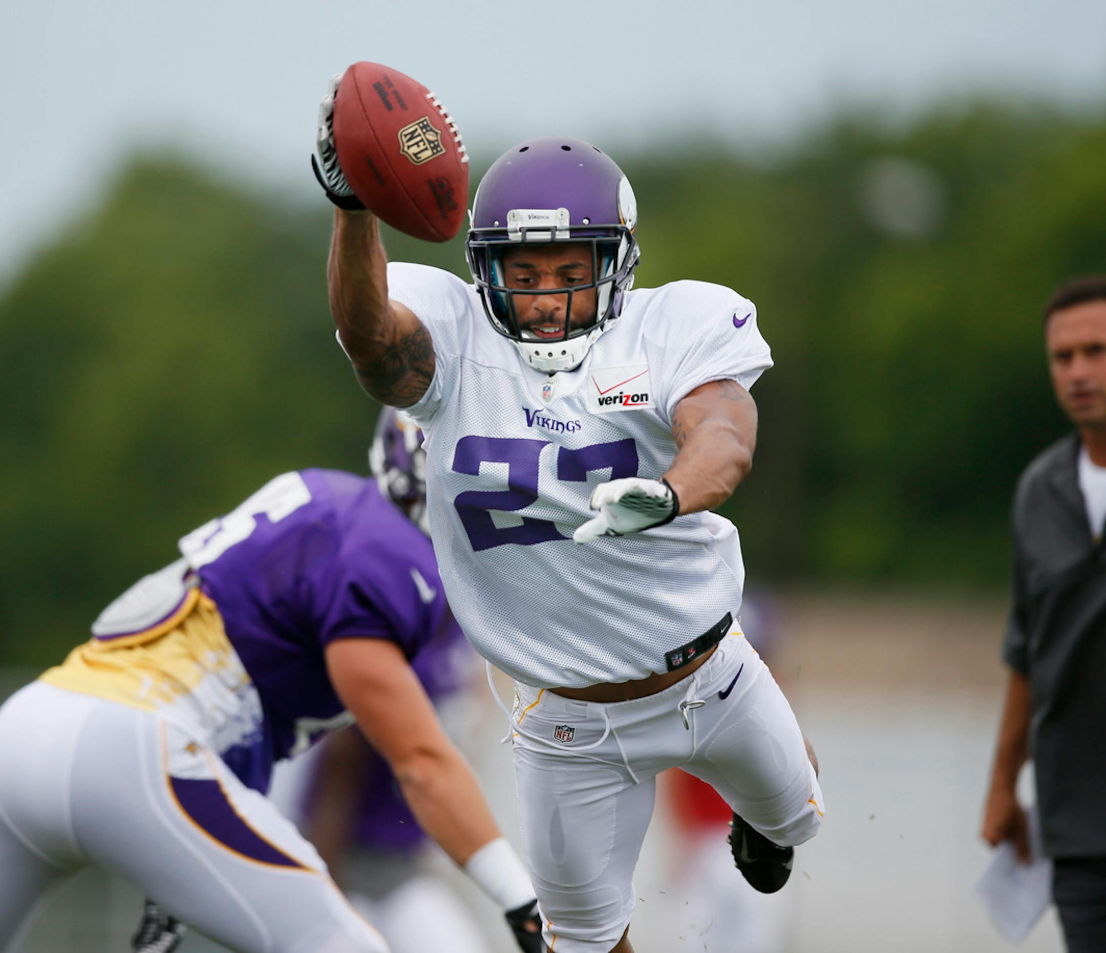 Brandon Burton worked on punt blocking drills during Vikings practice at Minnesota State University Mankato Friday Aug 2,2013.